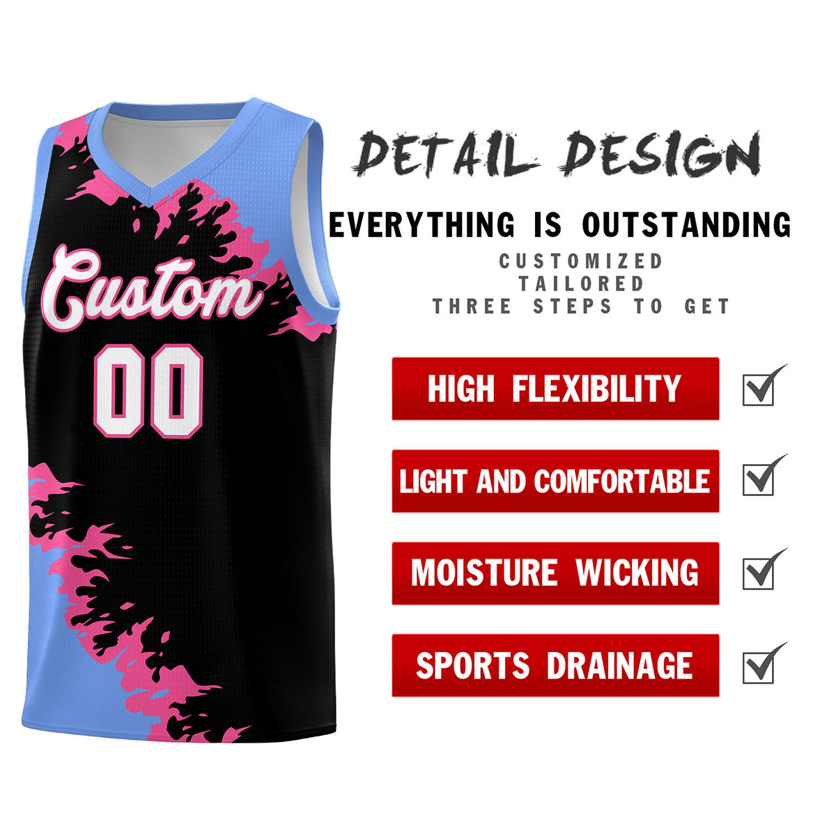 Custom Black Light Blue-Pink Sparkle Print Pattern Basketball Kits