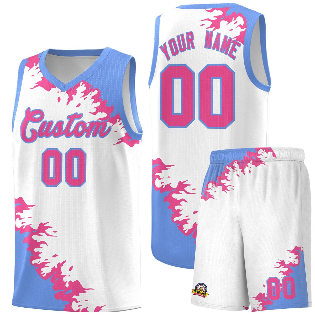 Custom White Light Blue-Pink Sparkle Print Pattern Basketball Kits