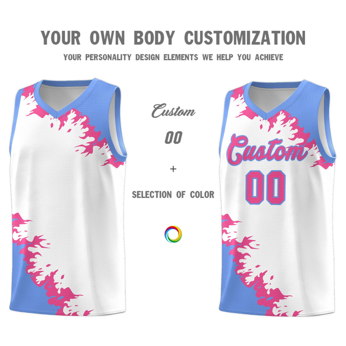 Custom White Light Blue-Pink Sparkle Print Pattern Basketball Kits