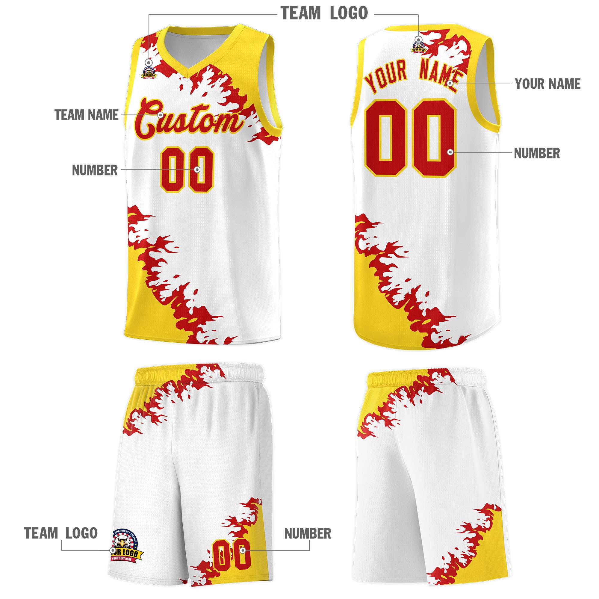 Custom White Gold-Red Sparkle Print Pattern Basketball Kits