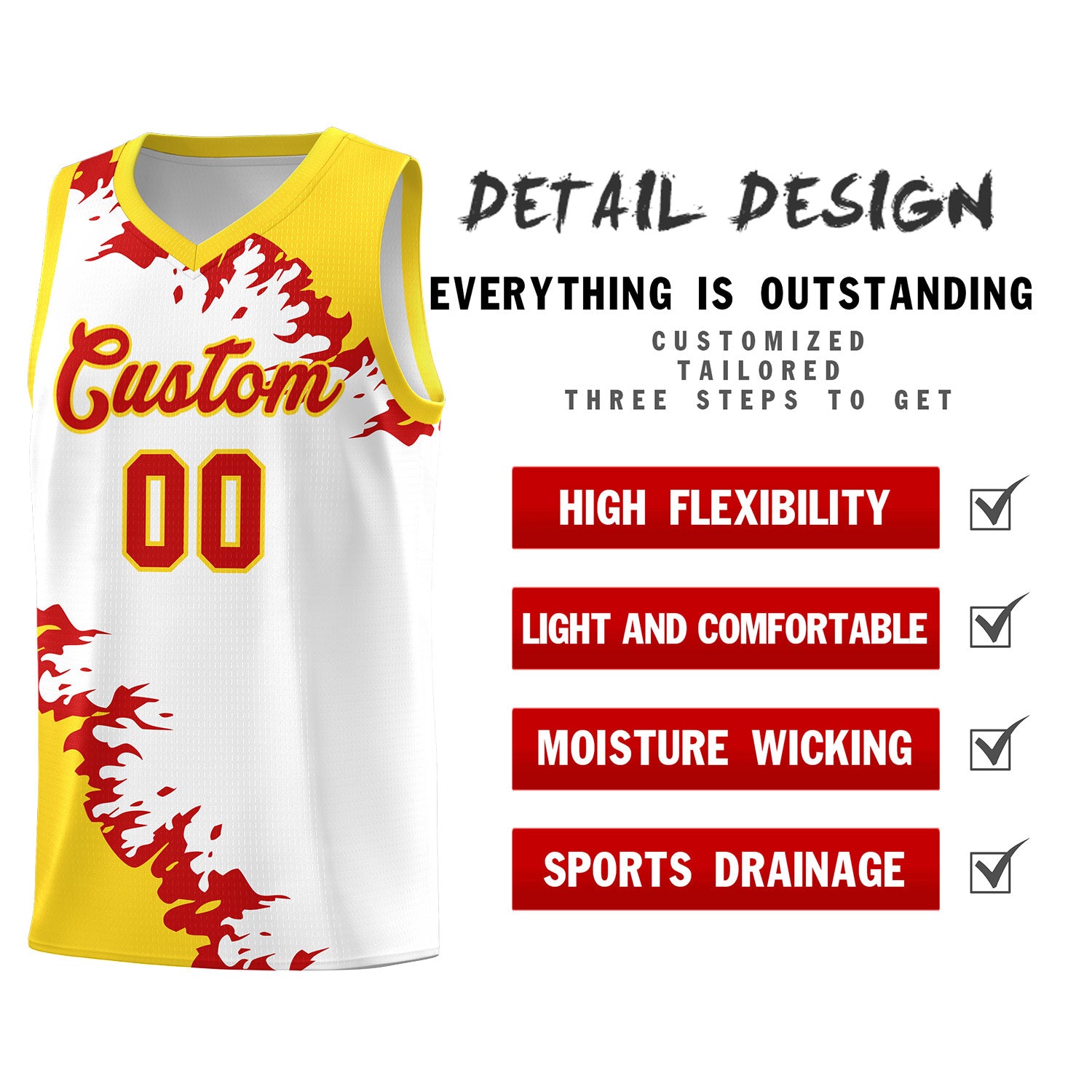 Custom White Gold-Red Sparkle Print Pattern Basketball Kits