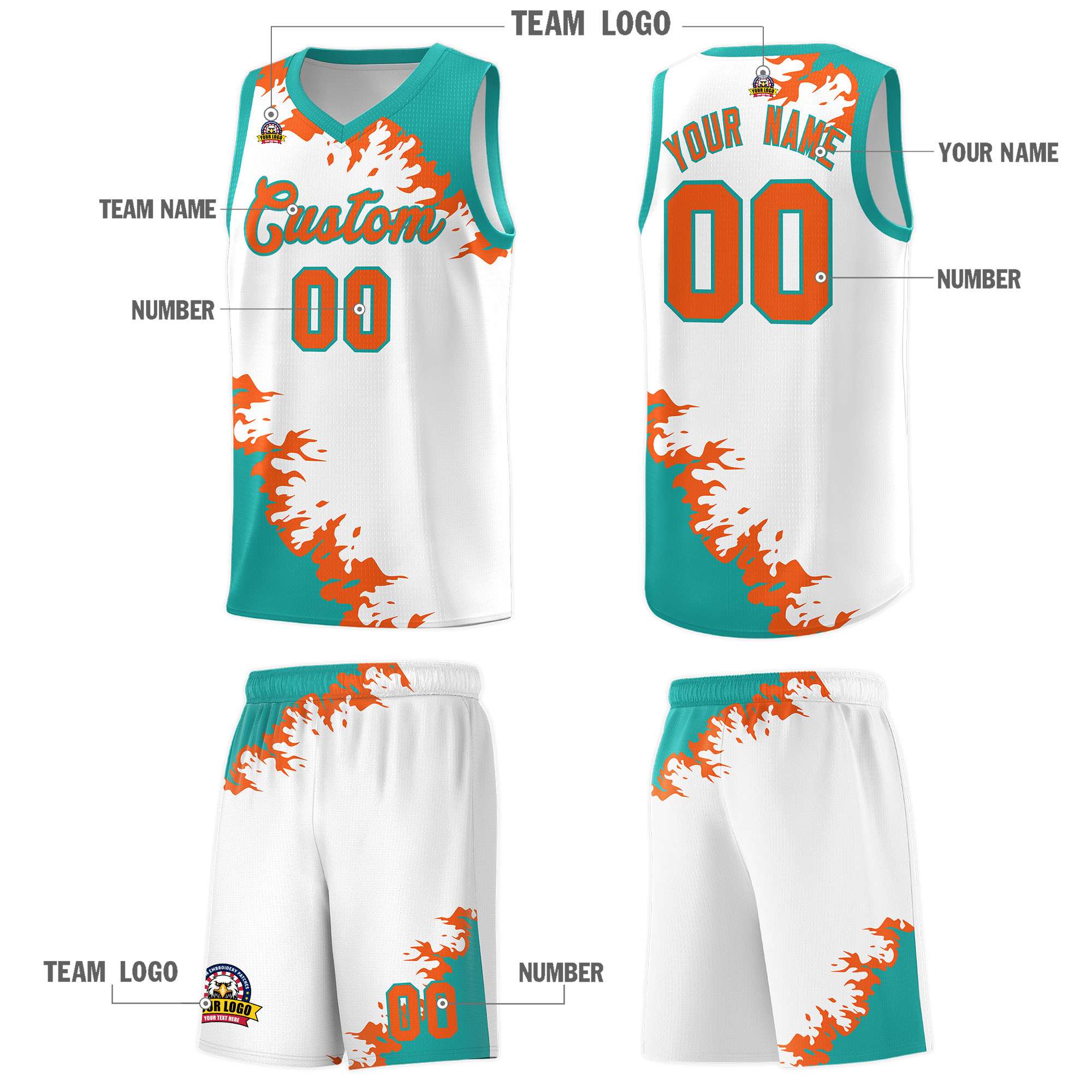 Custom White Aqua-Orange Sparkle Print Pattern Basketball Kits