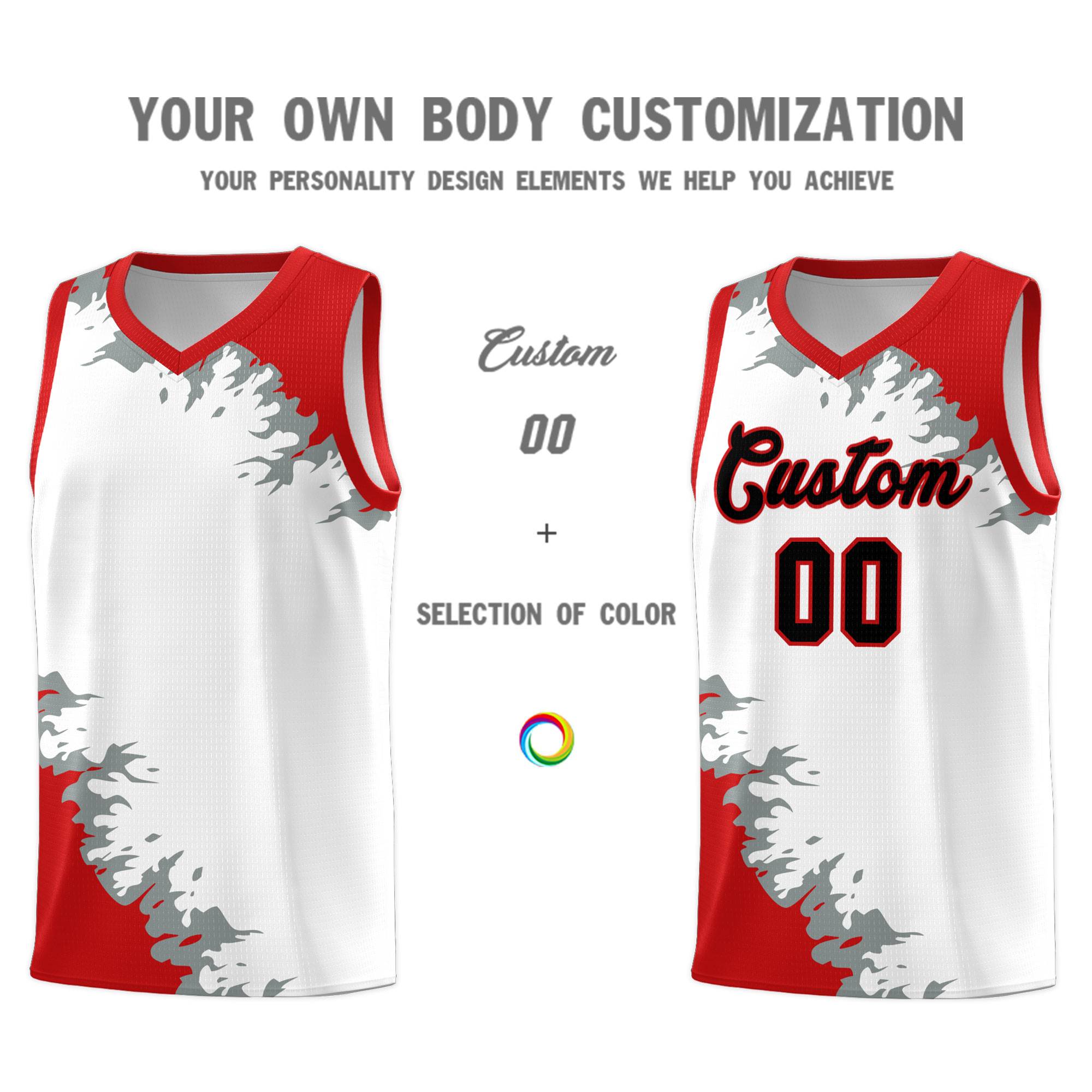Custom White Red-Silver Gray Sparkle Print Pattern Basketball Kits