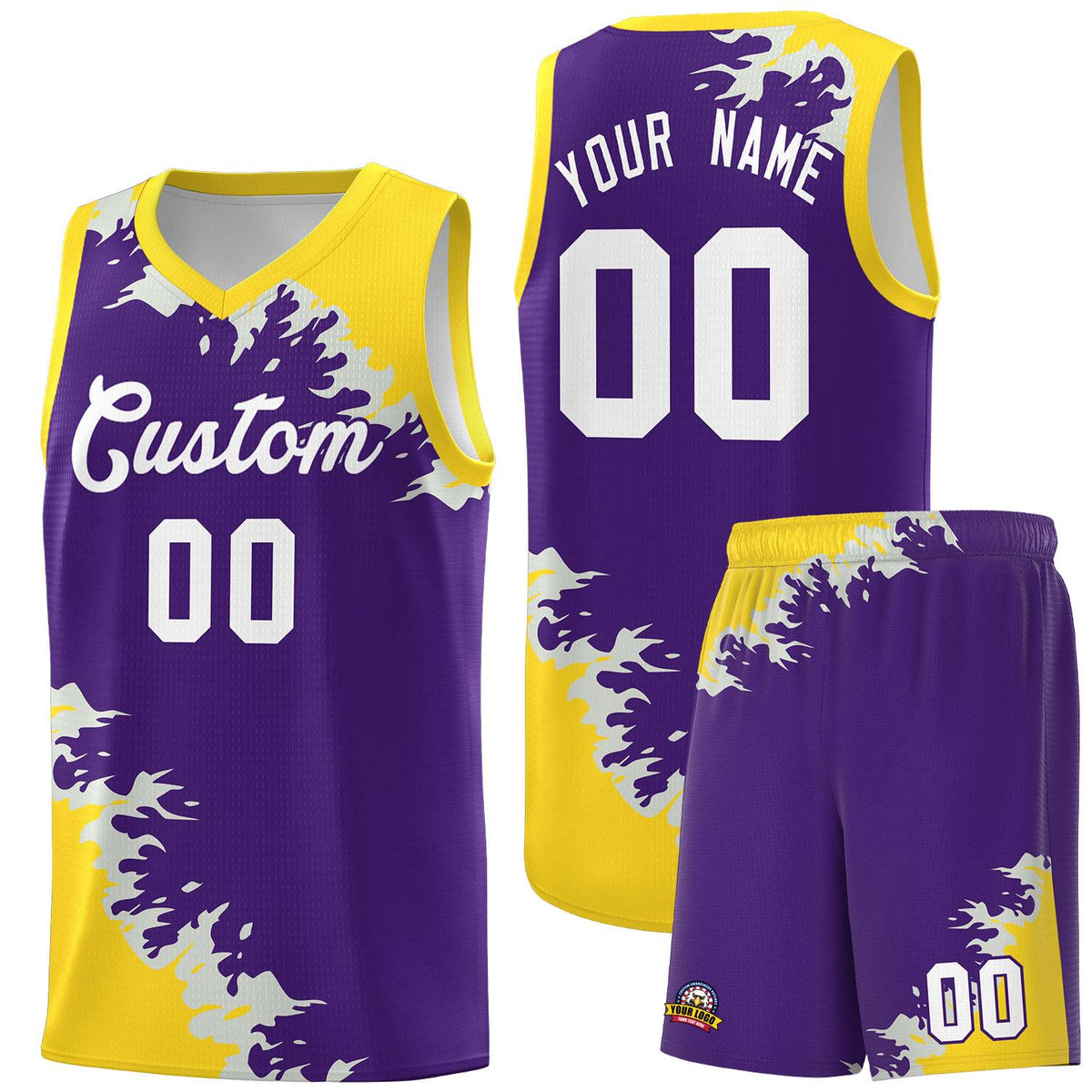 Custom Purple Gold-Gray Sparkle Print Pattern Basketball Kits