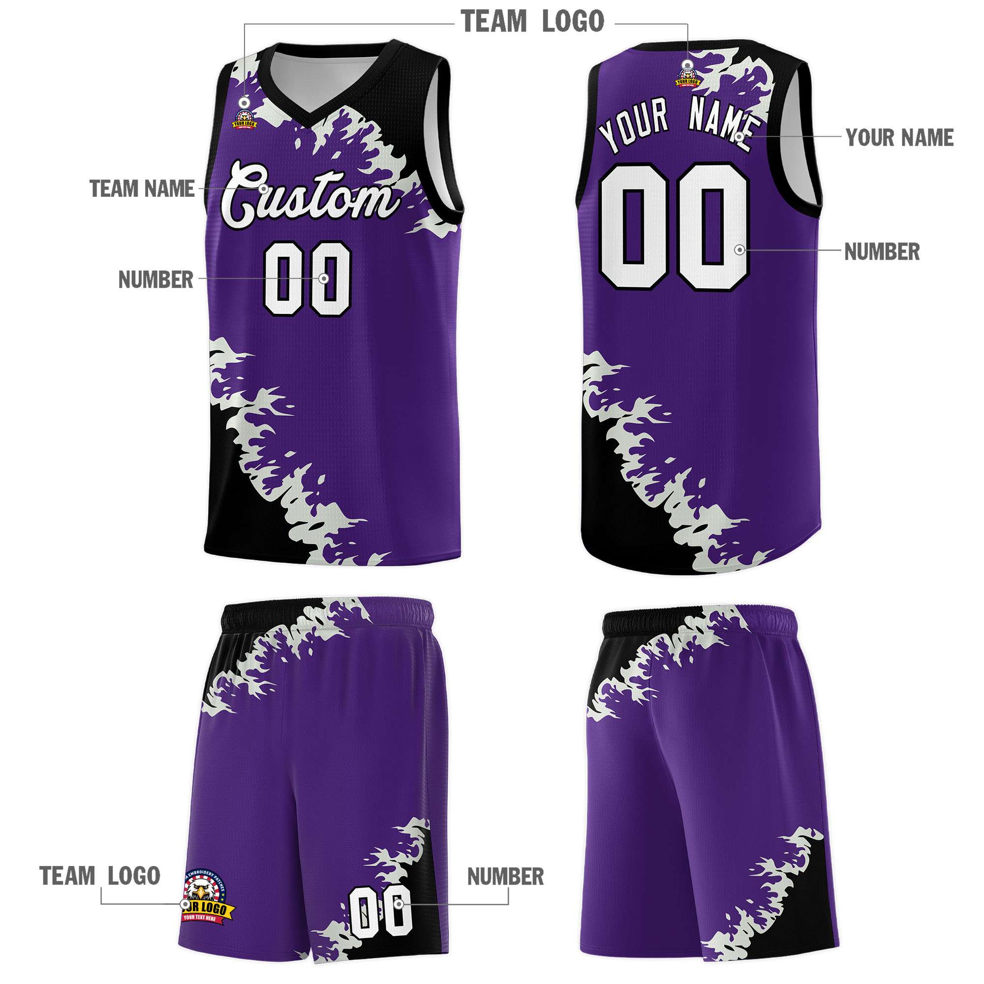 Custom Purple Black-Gray Sparkle Print Pattern Basketball Kits