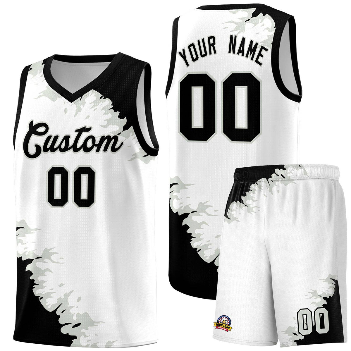 Custom White Black-Gray Sparkle Print Pattern Basketball Kits