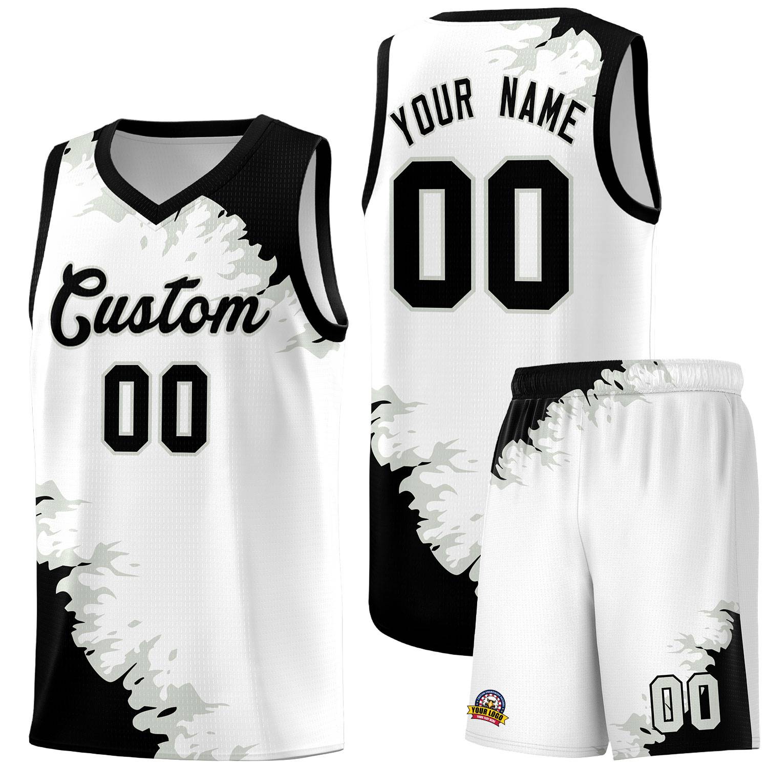 Custom White Black-Gray Sparkle Print Pattern Basketball Kits