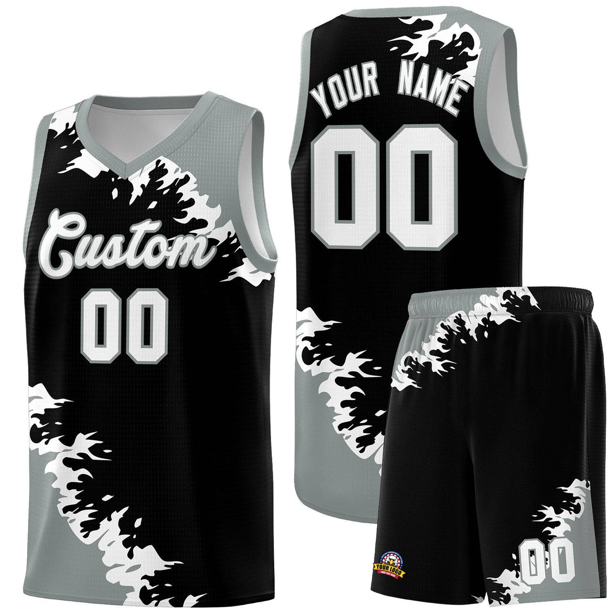 Custom Black Gray-White Sparkle Print Pattern Basketball Kits