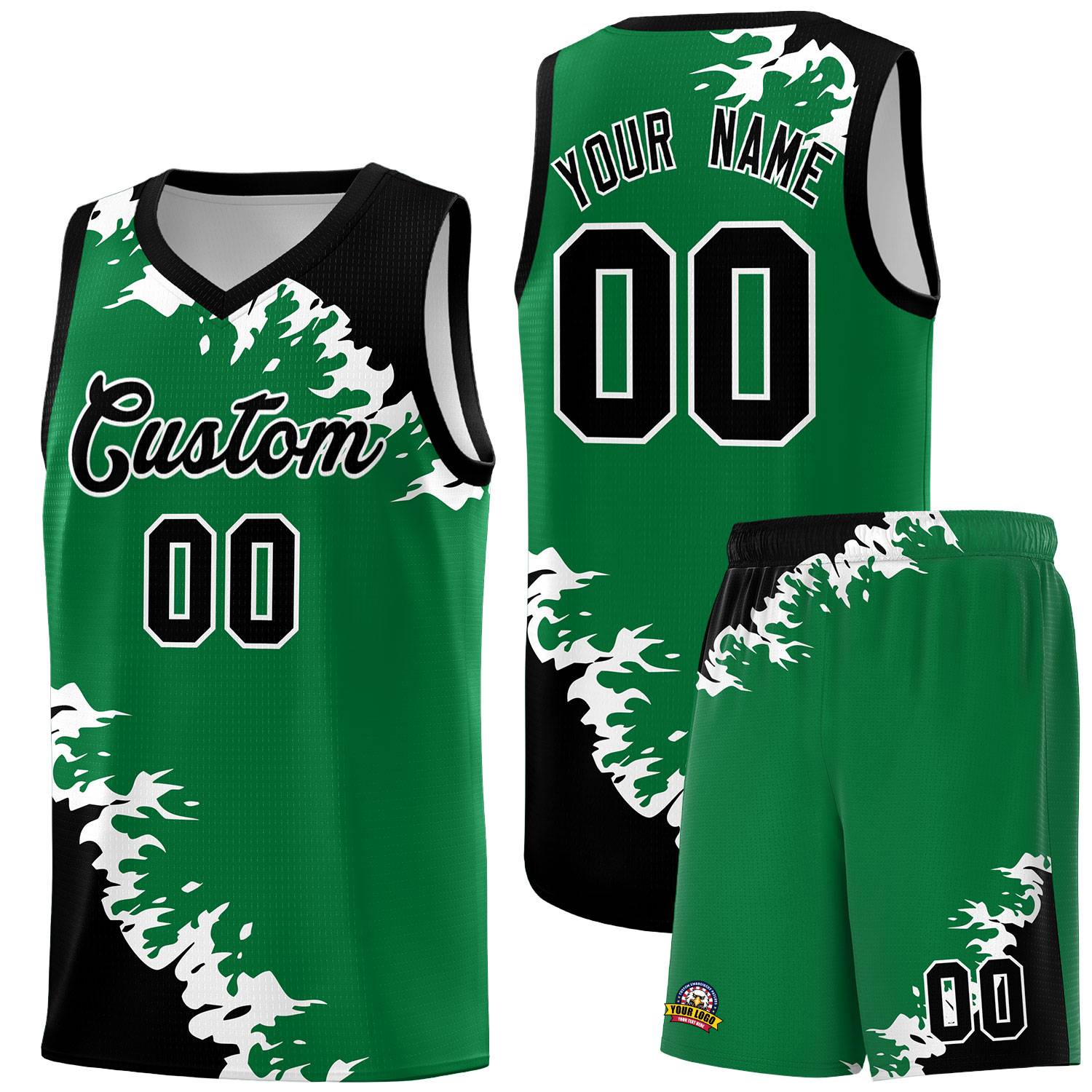 Custom Kelly Green Black-White Sparkle Print Pattern Basketball Kits