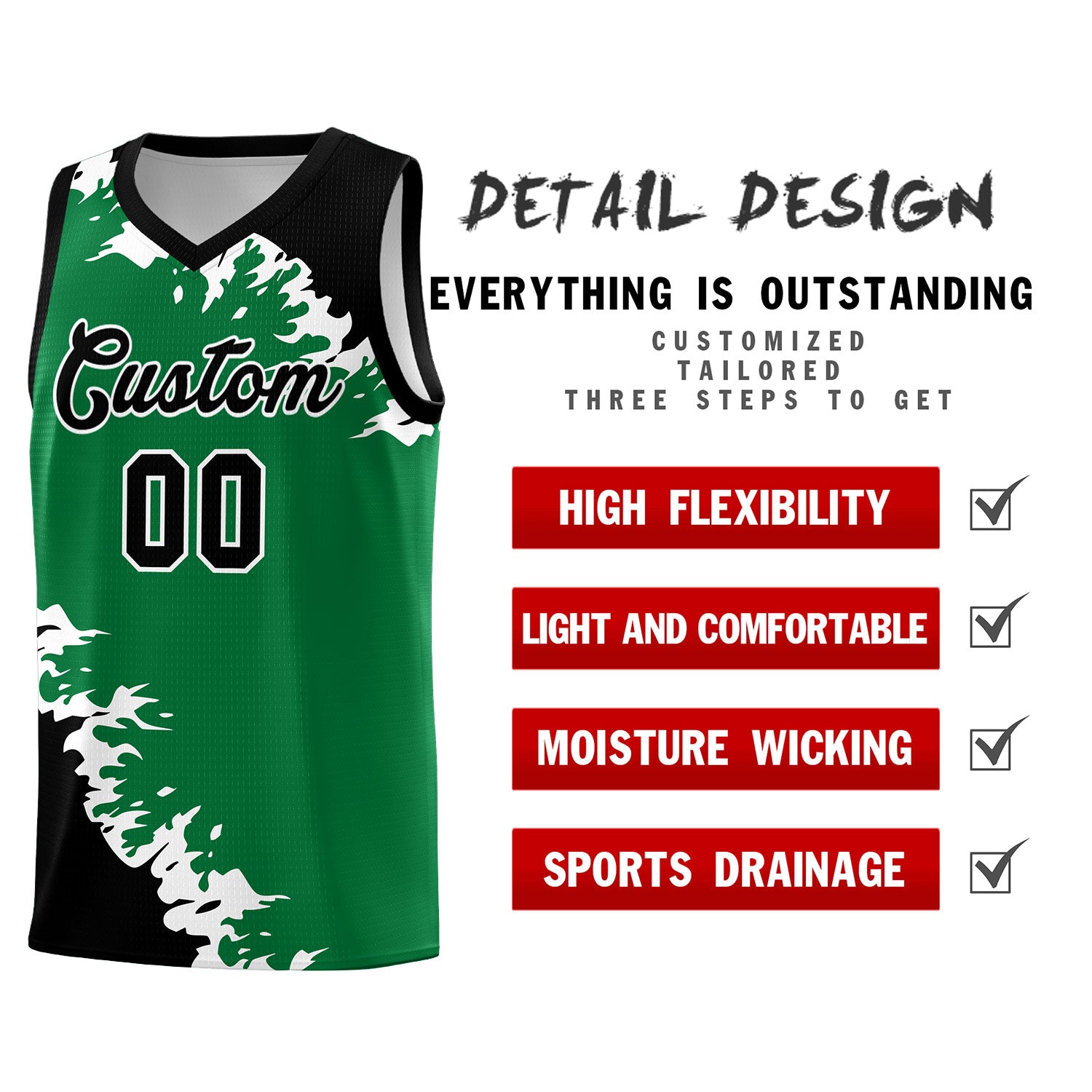 Custom Kelly Green Black-White Sparkle Print Pattern Basketball Kits