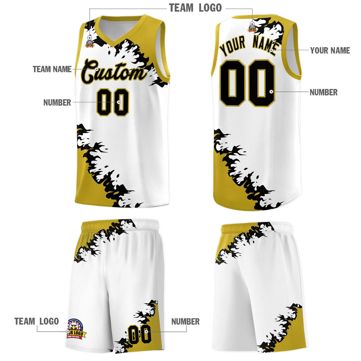 Custom White Old Gold-Black Sparkle Print Pattern Basketball Kits