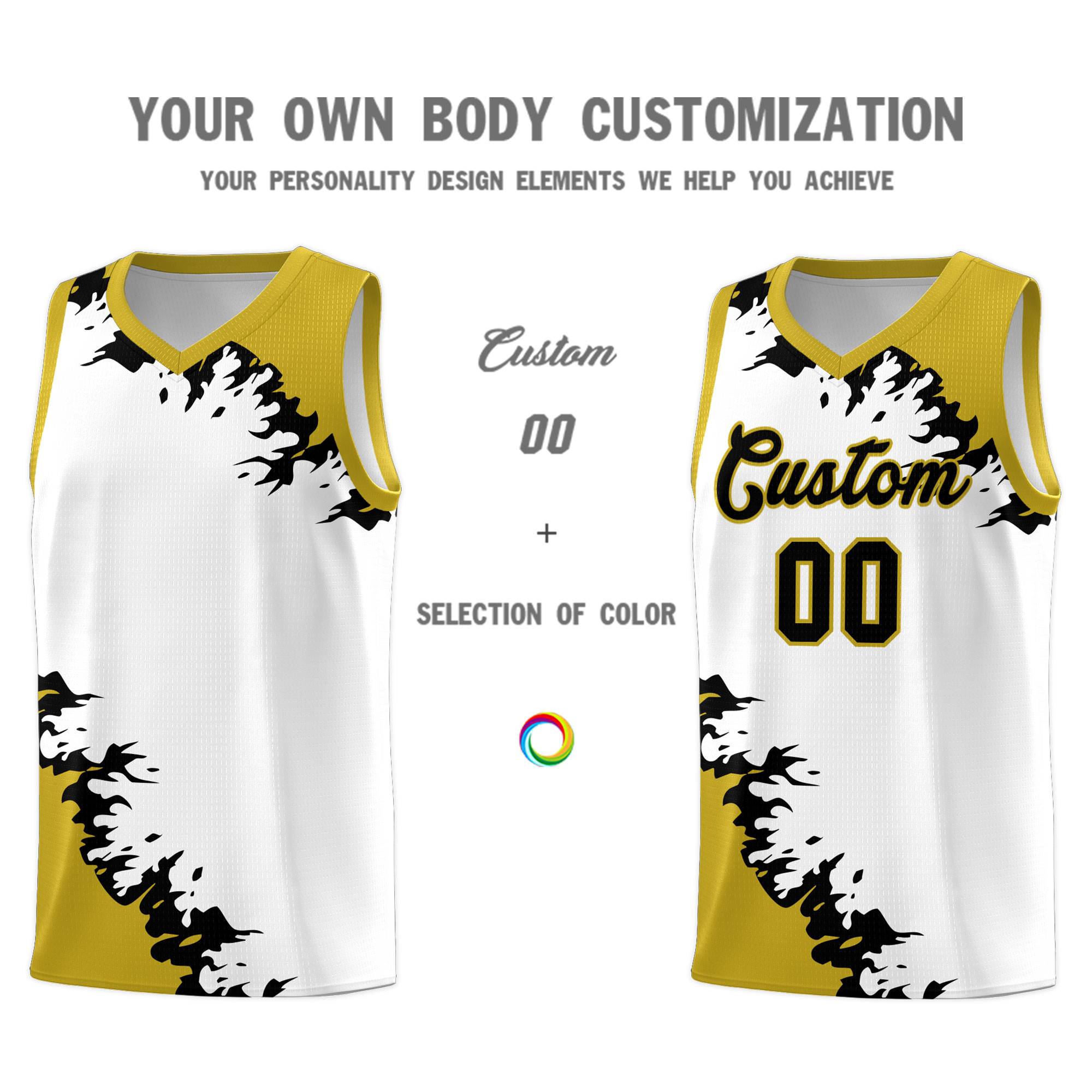 Custom White Old Gold-Black Sparkle Print Pattern Basketball Kits