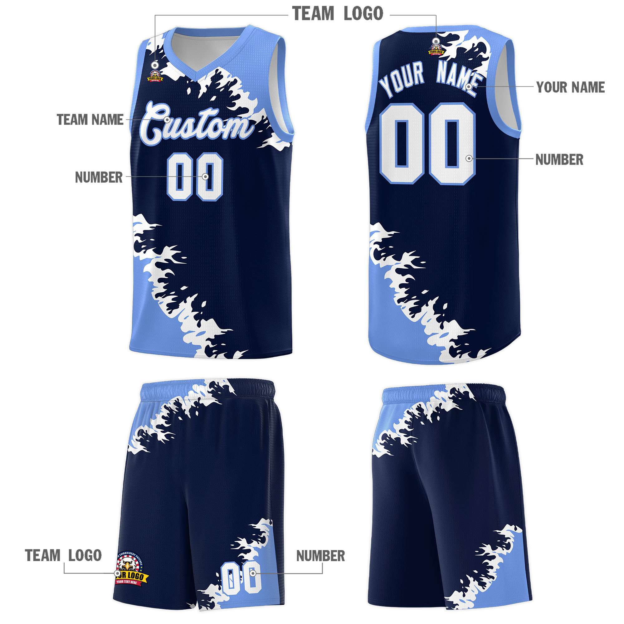Custom Navy Light Blue-White Sparkle Print Pattern Basketball Kits