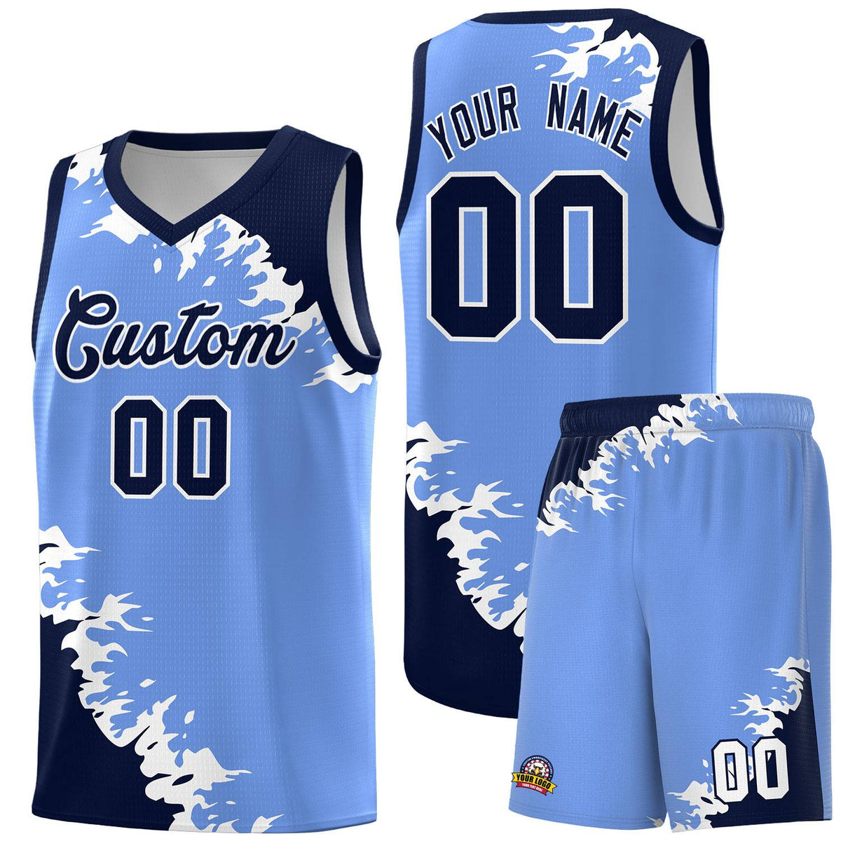 Custom Light Blue Navy-White Sparkle Print Pattern Basketball Kits
