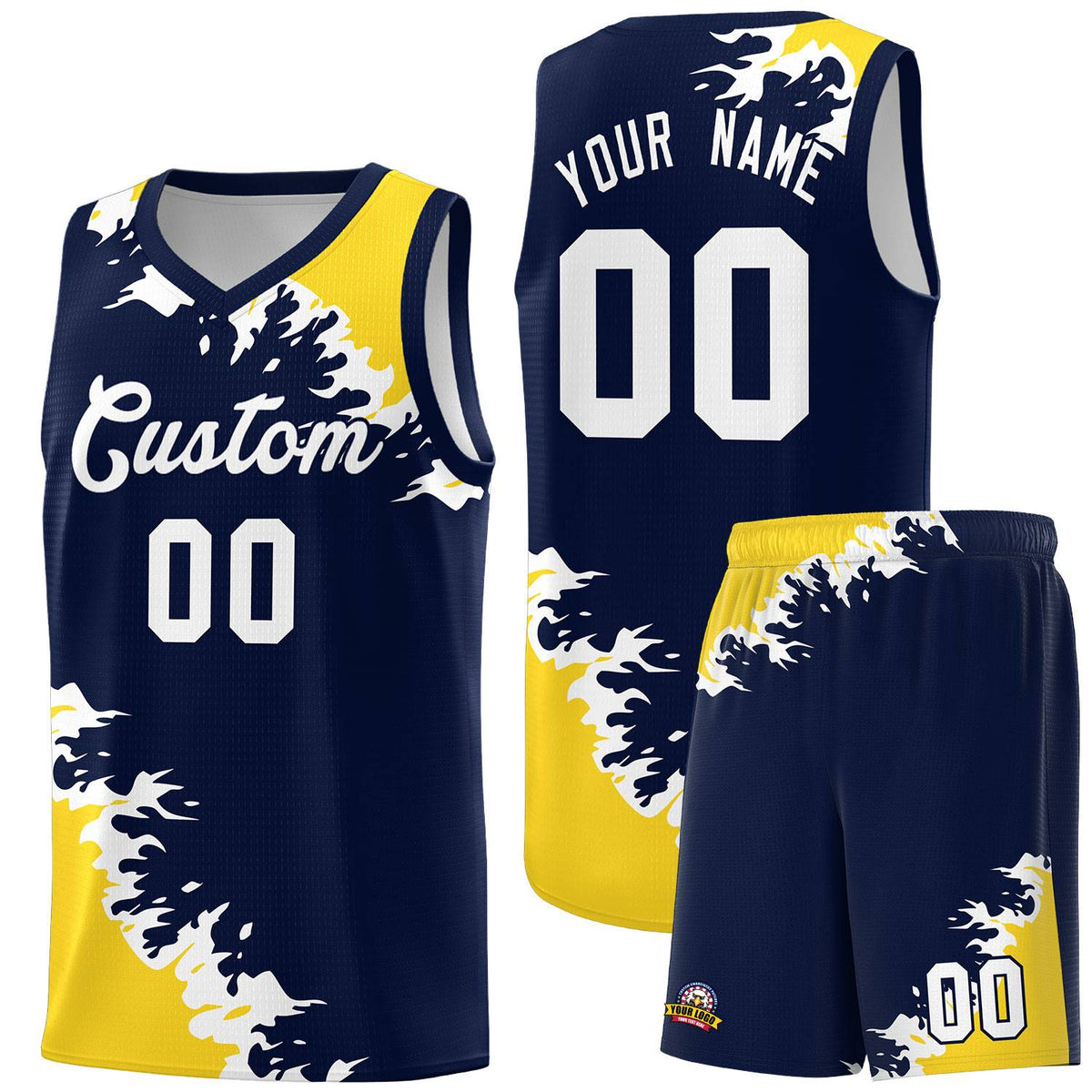 Custom Navy Gold-White Sparkle Print Pattern Basketball Kits