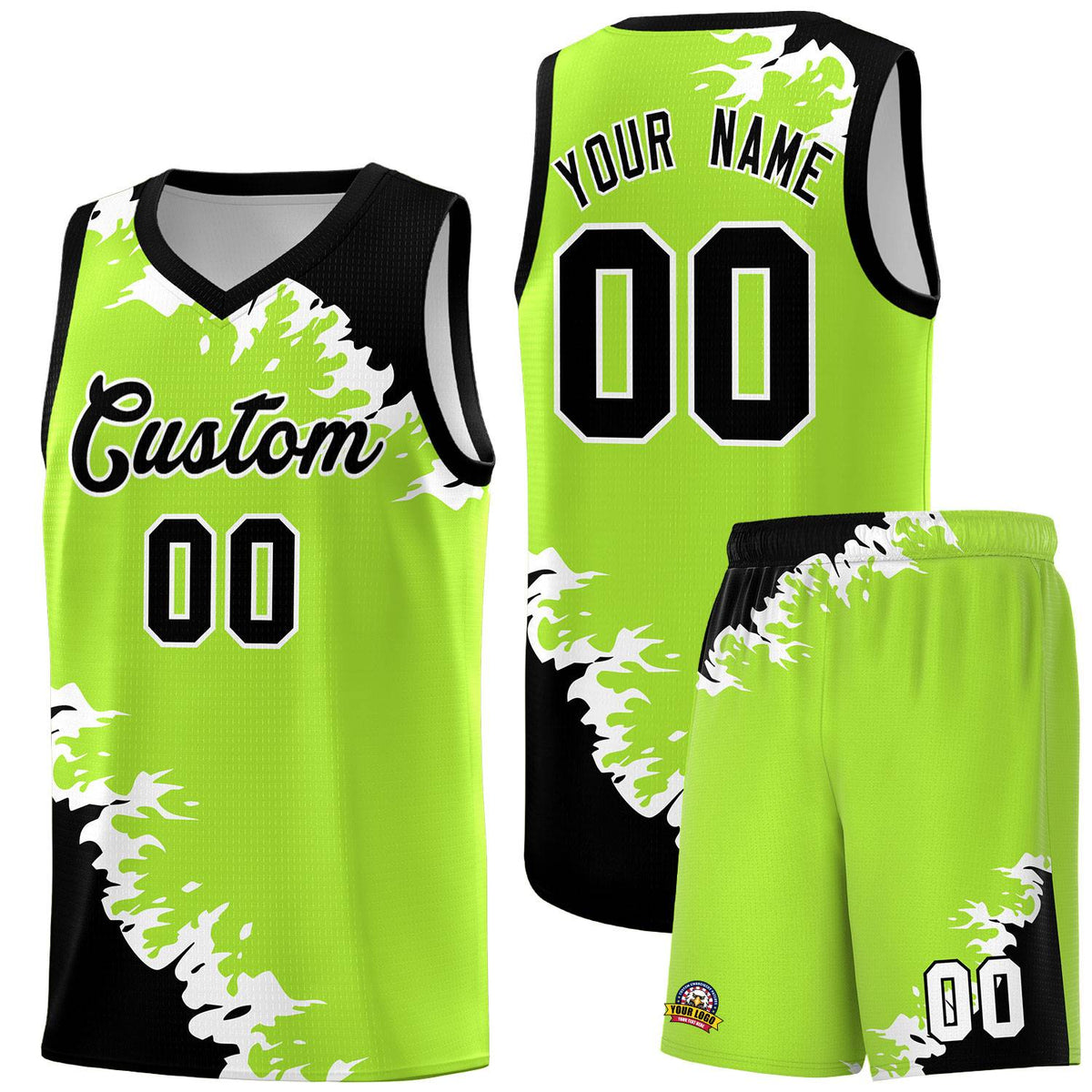 Custom Neon Green Black-White Sparkle Print Pattern Basketball Kits