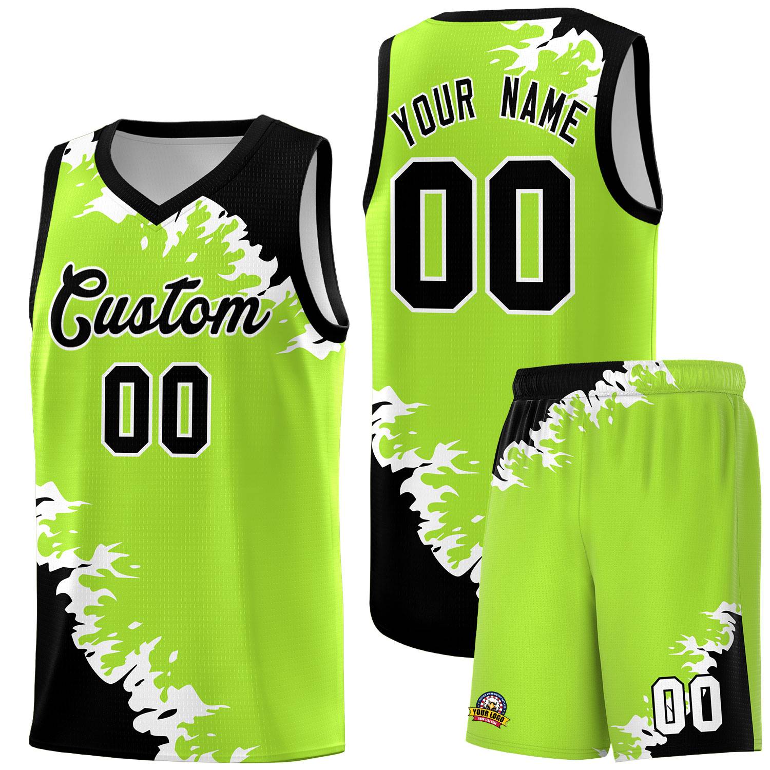 Custom Neon Green Black-White Sparkle Print Pattern Basketball Kits