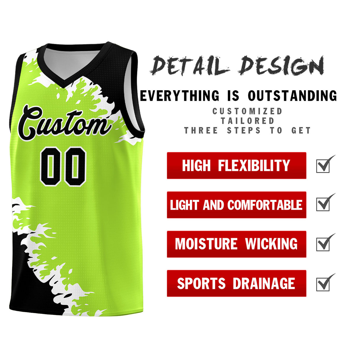 Custom Neon Green Black-White Sparkle Print Pattern Basketball Kits