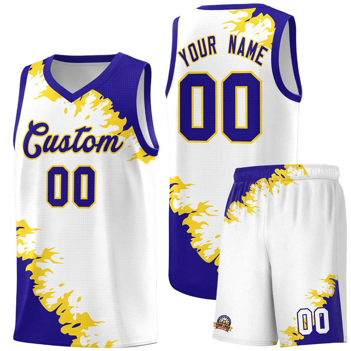 Custom White Royal-Gold Sparkle Print Pattern Basketball Kits