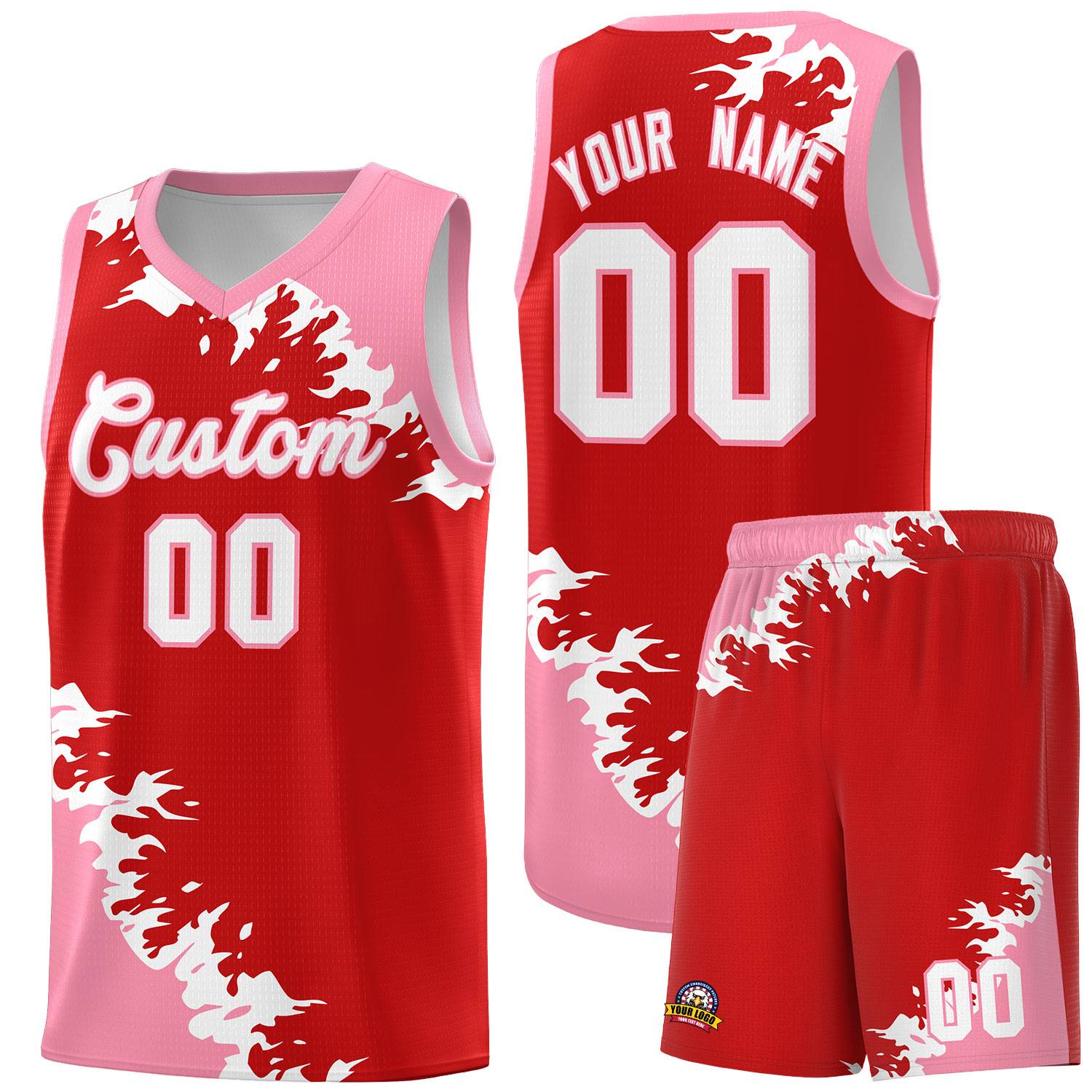 Custom Red Light Pink-White Sparkle Print Pattern Basketball Kits