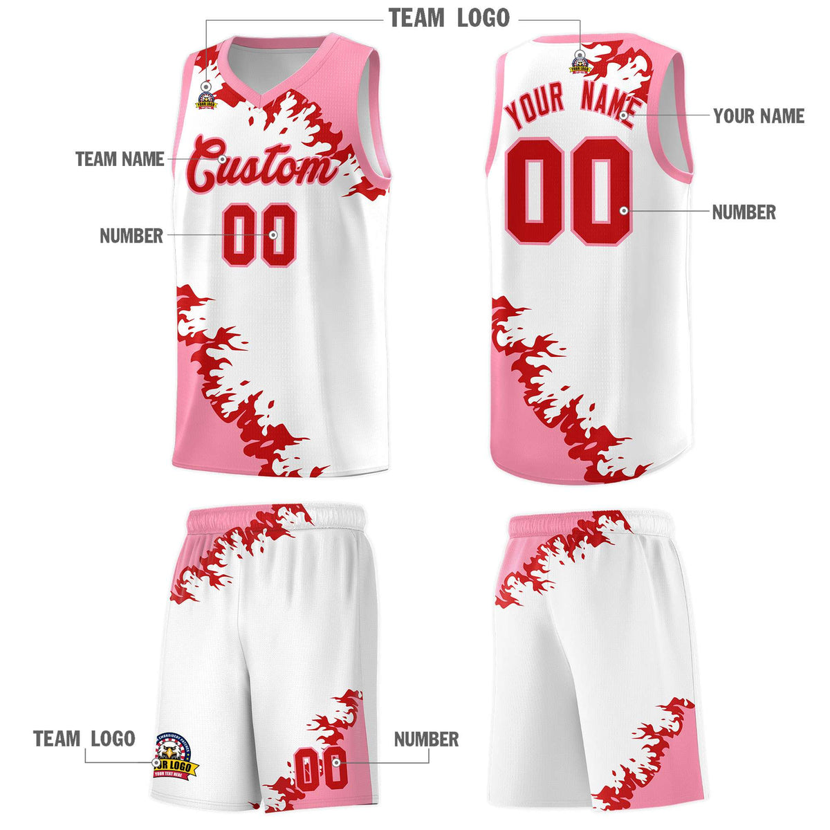 Custom White Light Pink-Red Sparkle Print Pattern Basketball Kits