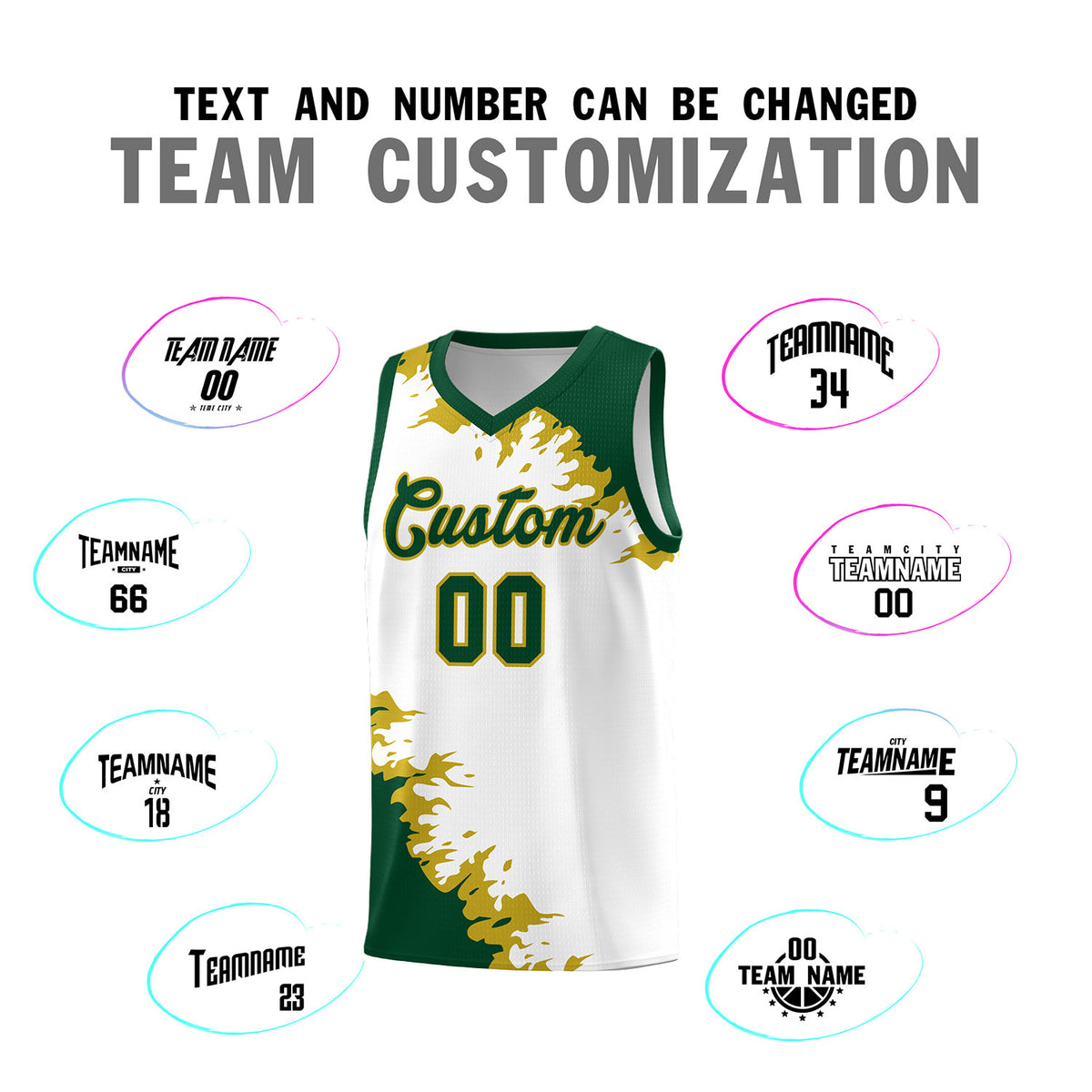 Custom White Green-Old Gold Sparkle Print Pattern Basketball Kits