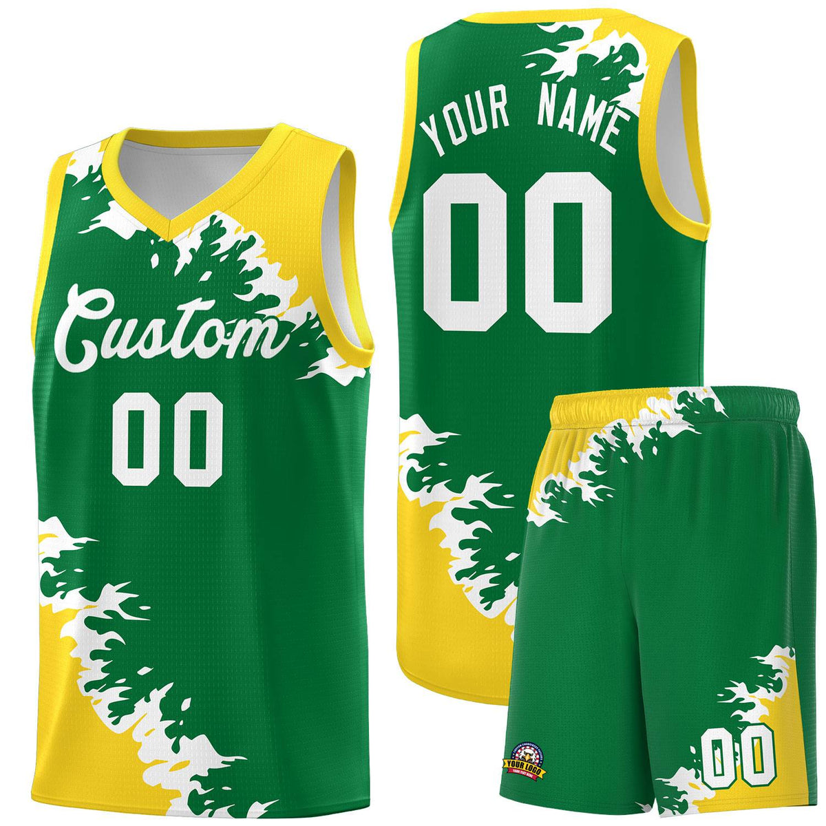 Custom Kelly Green Gold-White Sparkle Print Pattern Basketball Kits