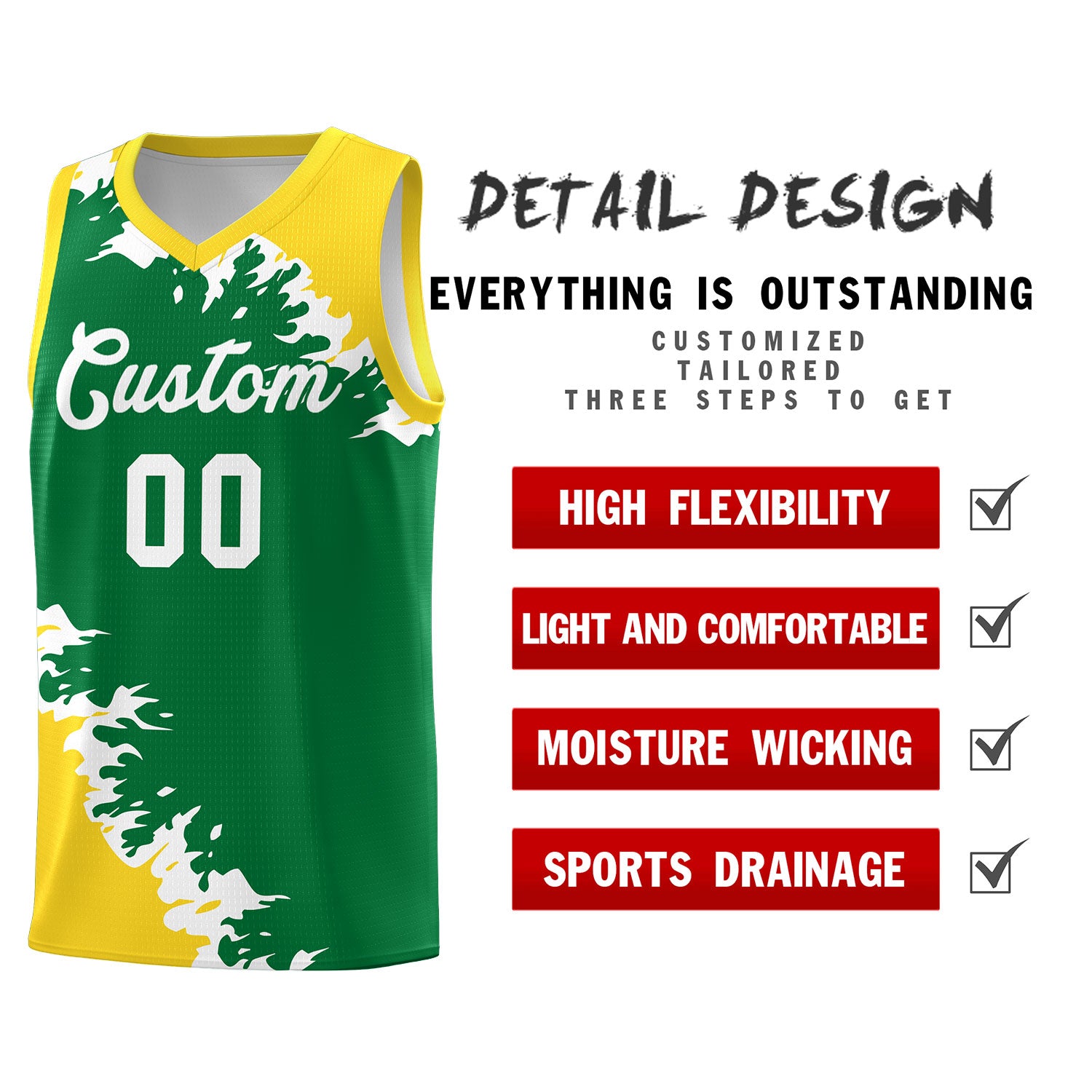 Custom Kelly Green Gold-White Sparkle Print Pattern Basketball Kits