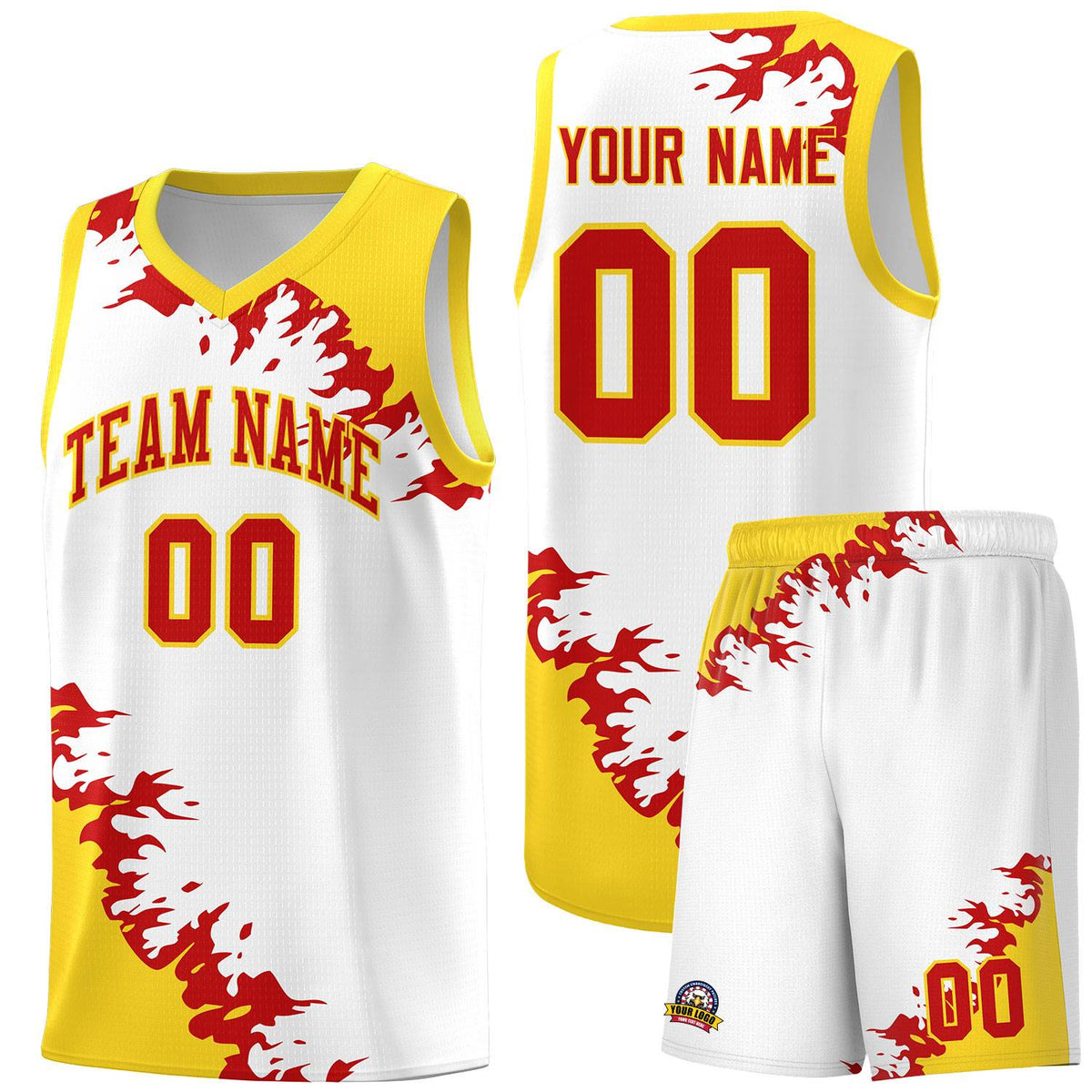 Custom White Gold-Red Sparkle Print Pattern Basketball Kits