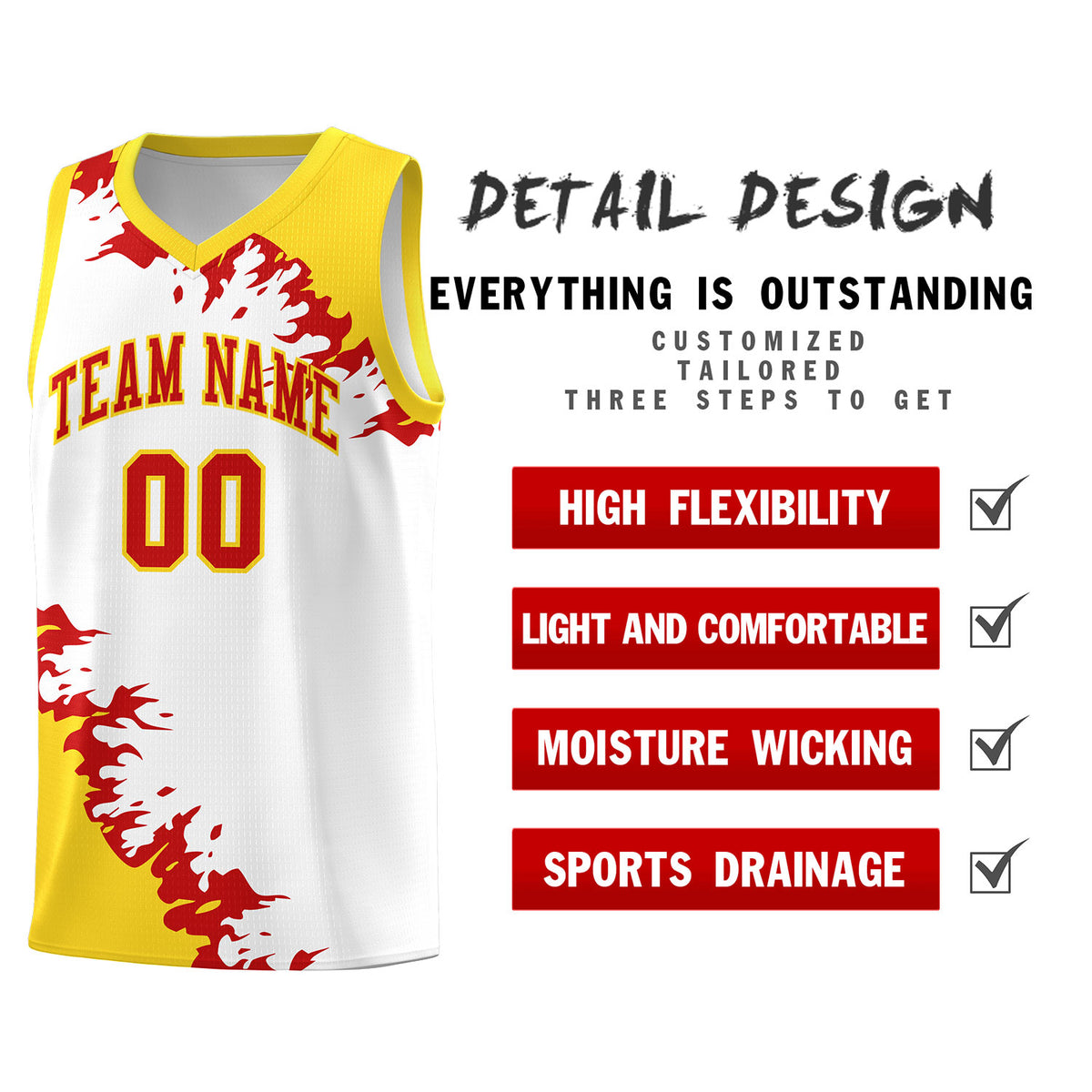 Custom White Gold-Red Sparkle Print Pattern Basketball Kits