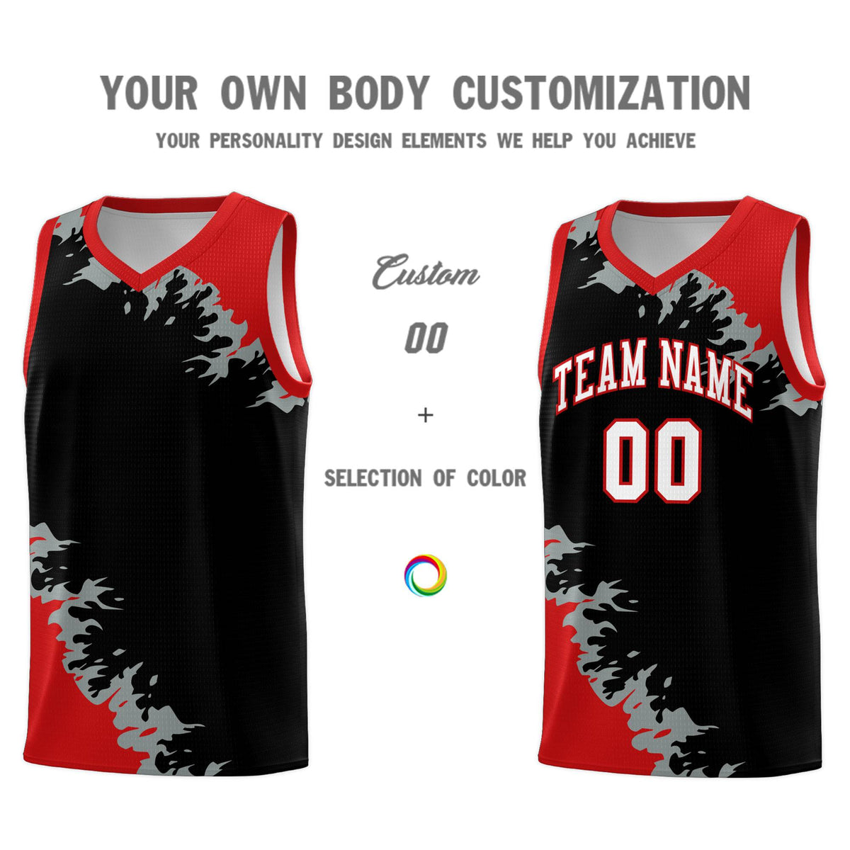 Custom Black Red-Silver Gray Sparkle Print Pattern Basketball Kits