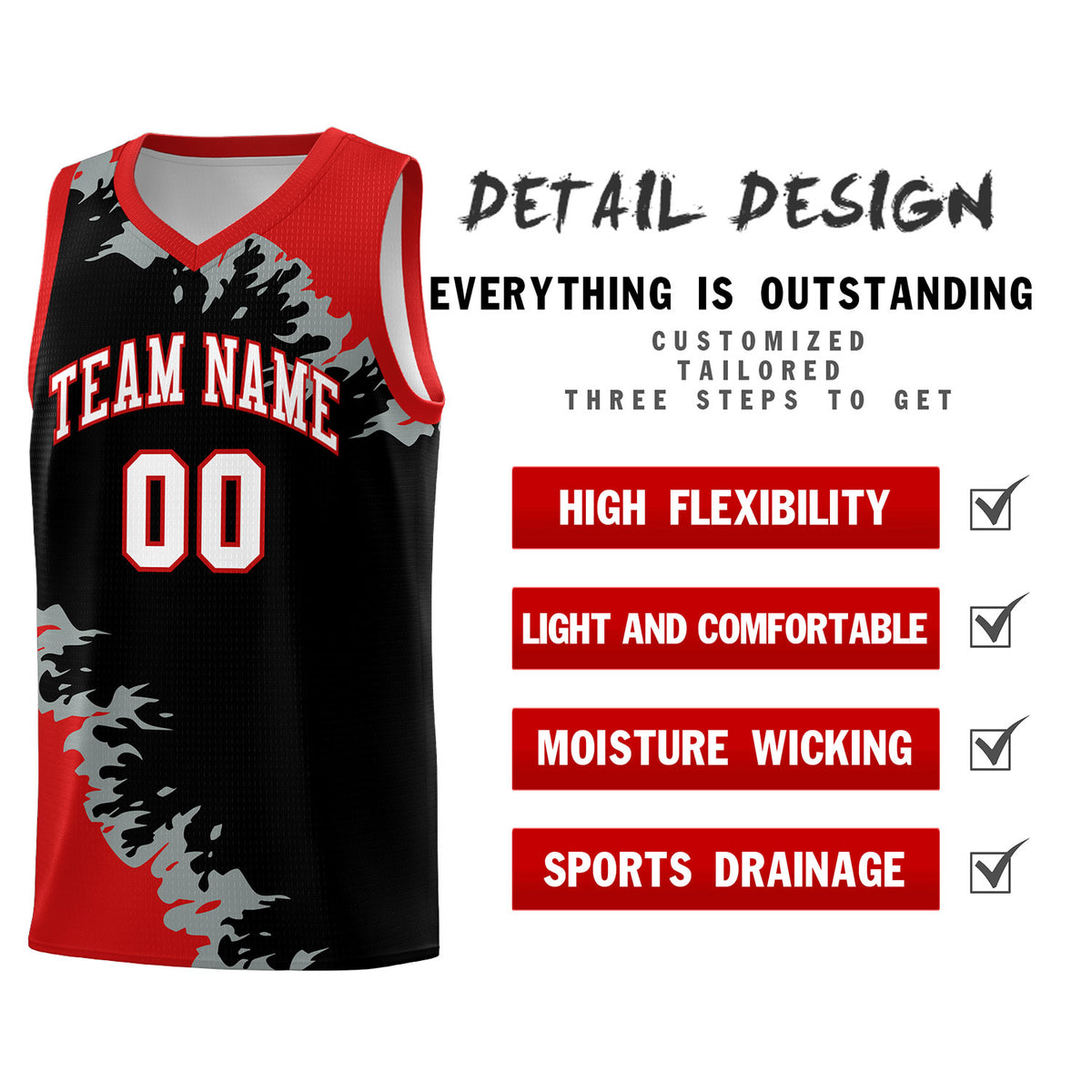 Custom Black Red-Silver Gray Sparkle Print Pattern Basketball Kits