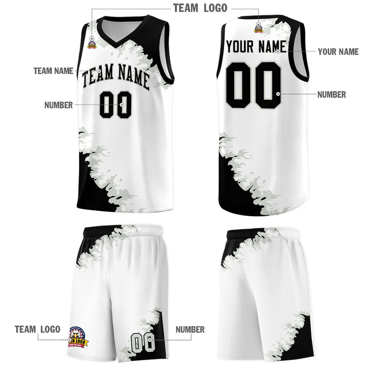 Custom White Black-Gray Sparkle Print Pattern Basketball Kits