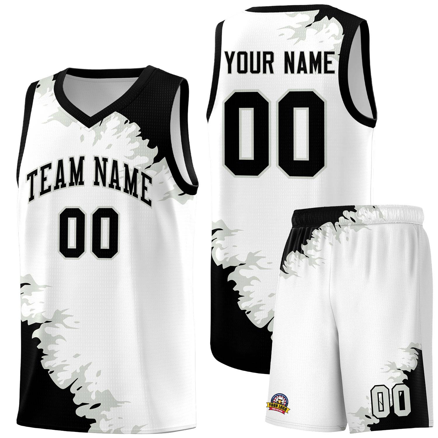 Custom White Black-Gray Sparkle Print Pattern Basketball Kits