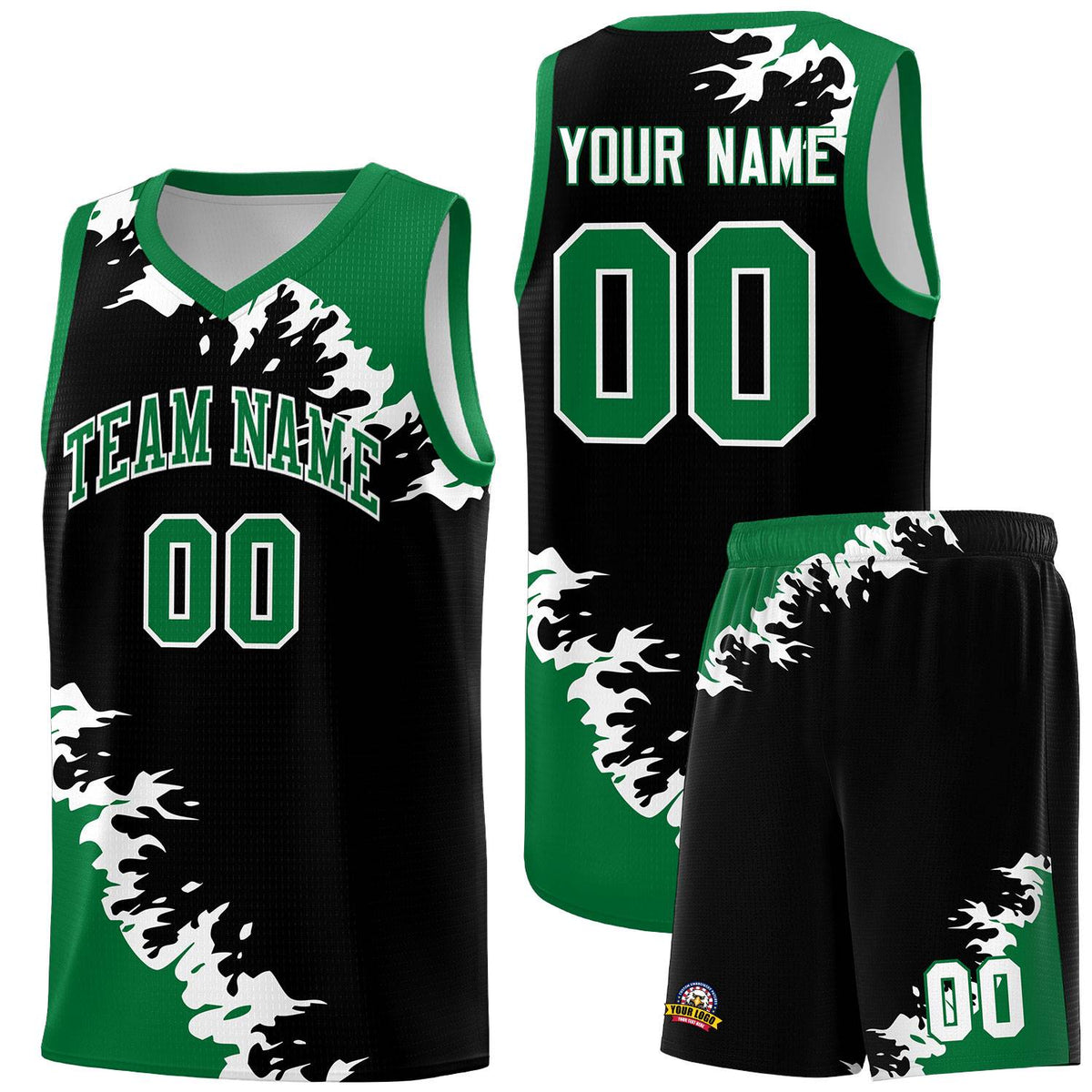 Custom Black Kelly Green-White Sparkle Print Pattern Basketball Kits