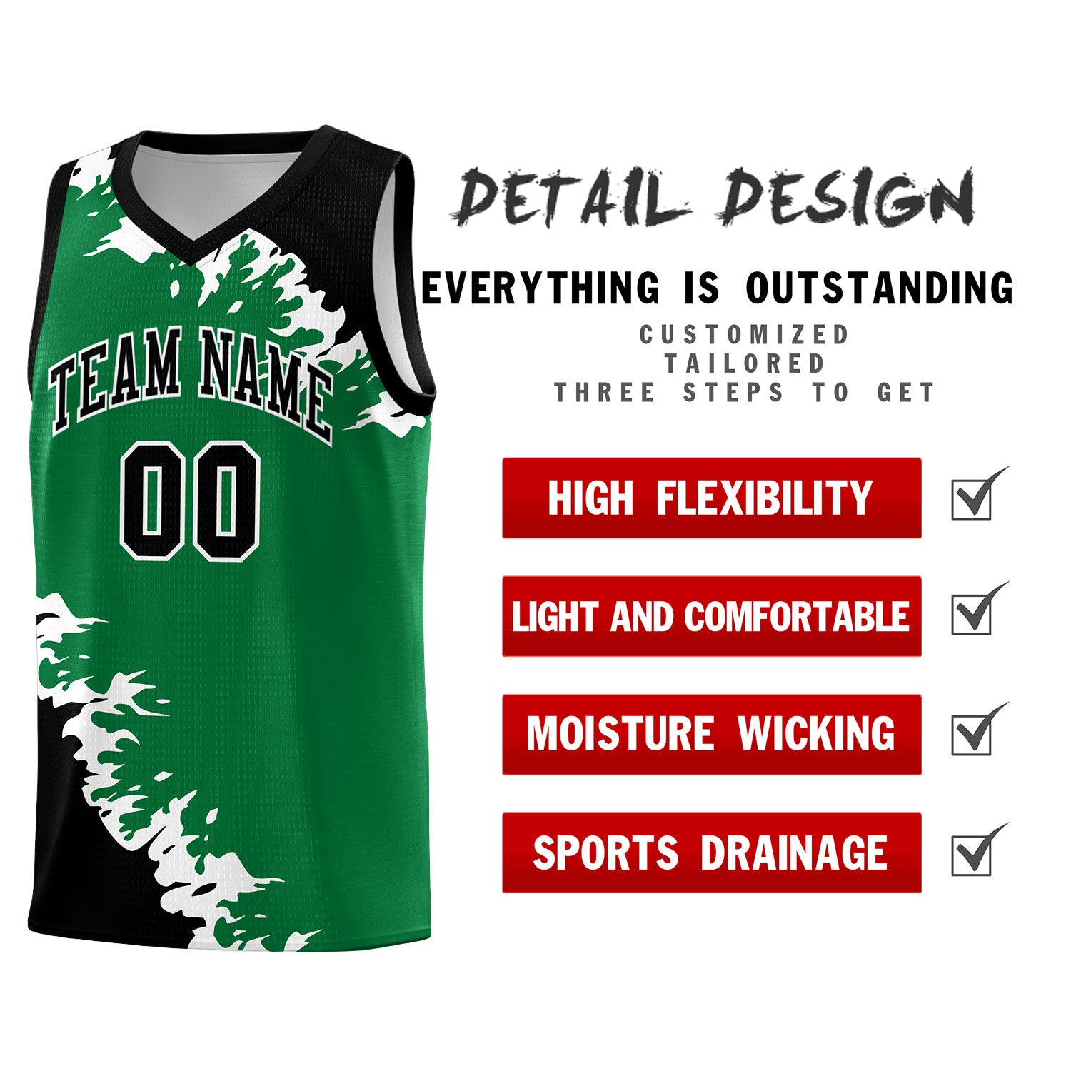 Custom Kelly Green Black-White Sparkle Print Pattern Basketball Kits