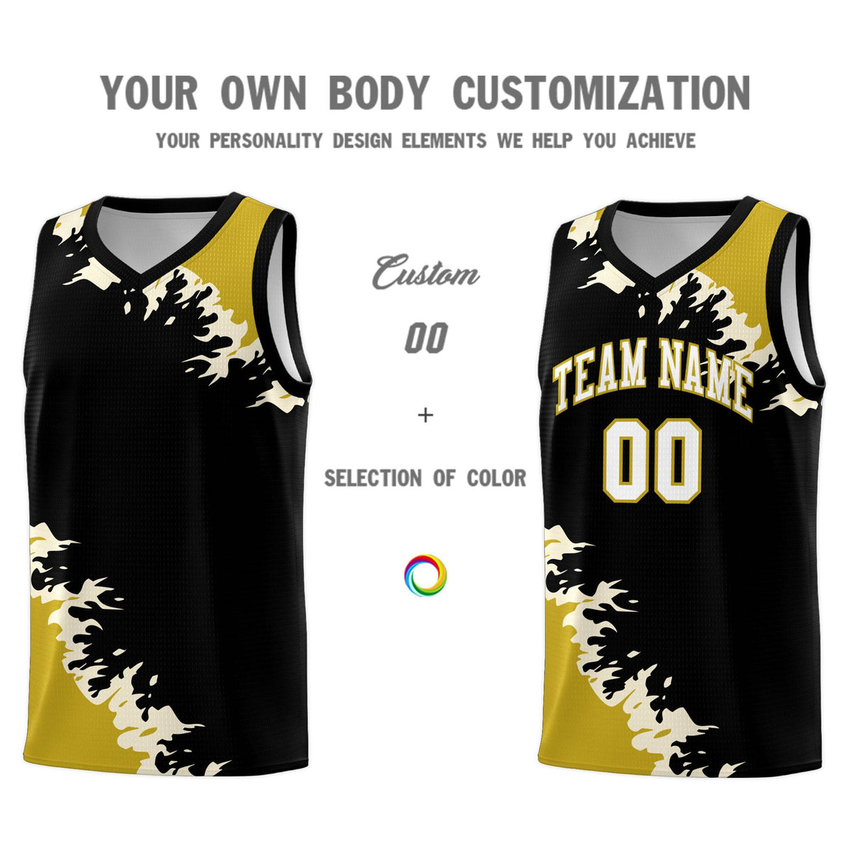Custom Black Old Gold-Cream Sparkle Print Pattern Basketball Kits