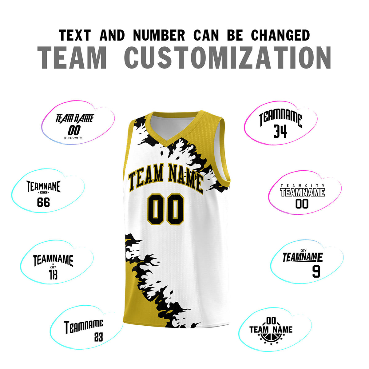 Custom White Old Gold-Black Sparkle Print Pattern Basketball Kits