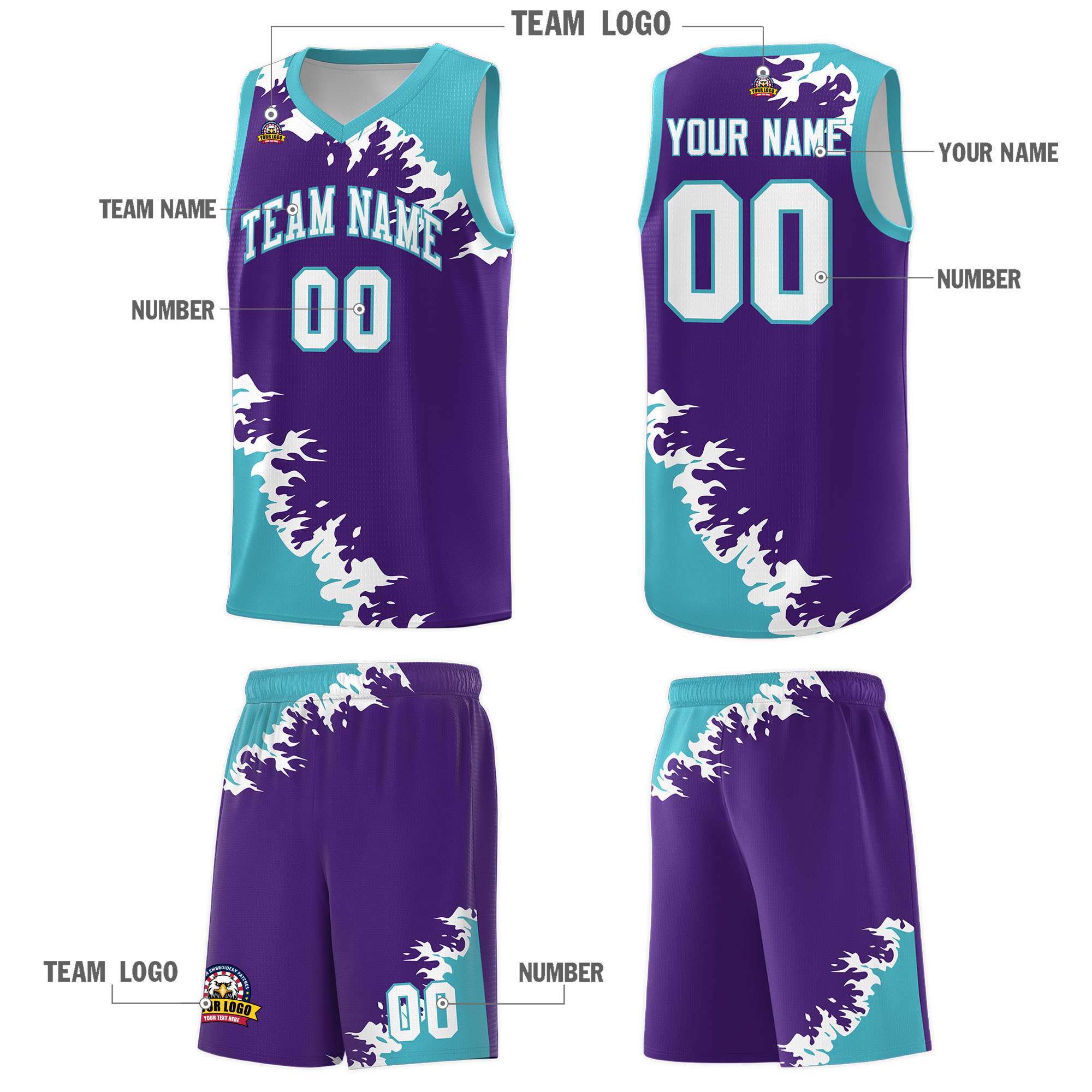 Custom Purple Sky Blue-White Sparkle Print Pattern Basketball Kits