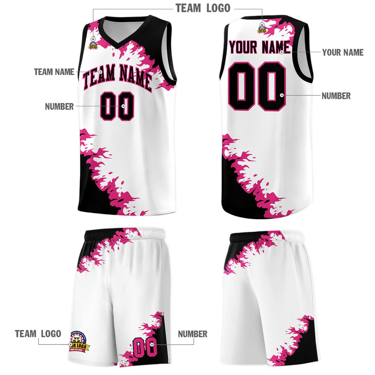 Custom White Black-Rose Red Sparkle Print Pattern Basketball Kits