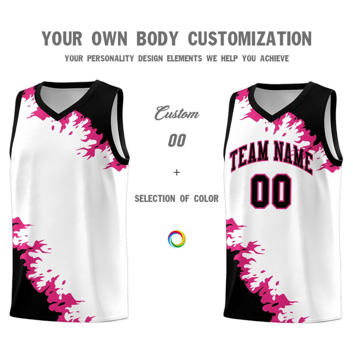 Custom White Black-Rose Red Sparkle Print Pattern Basketball Kits