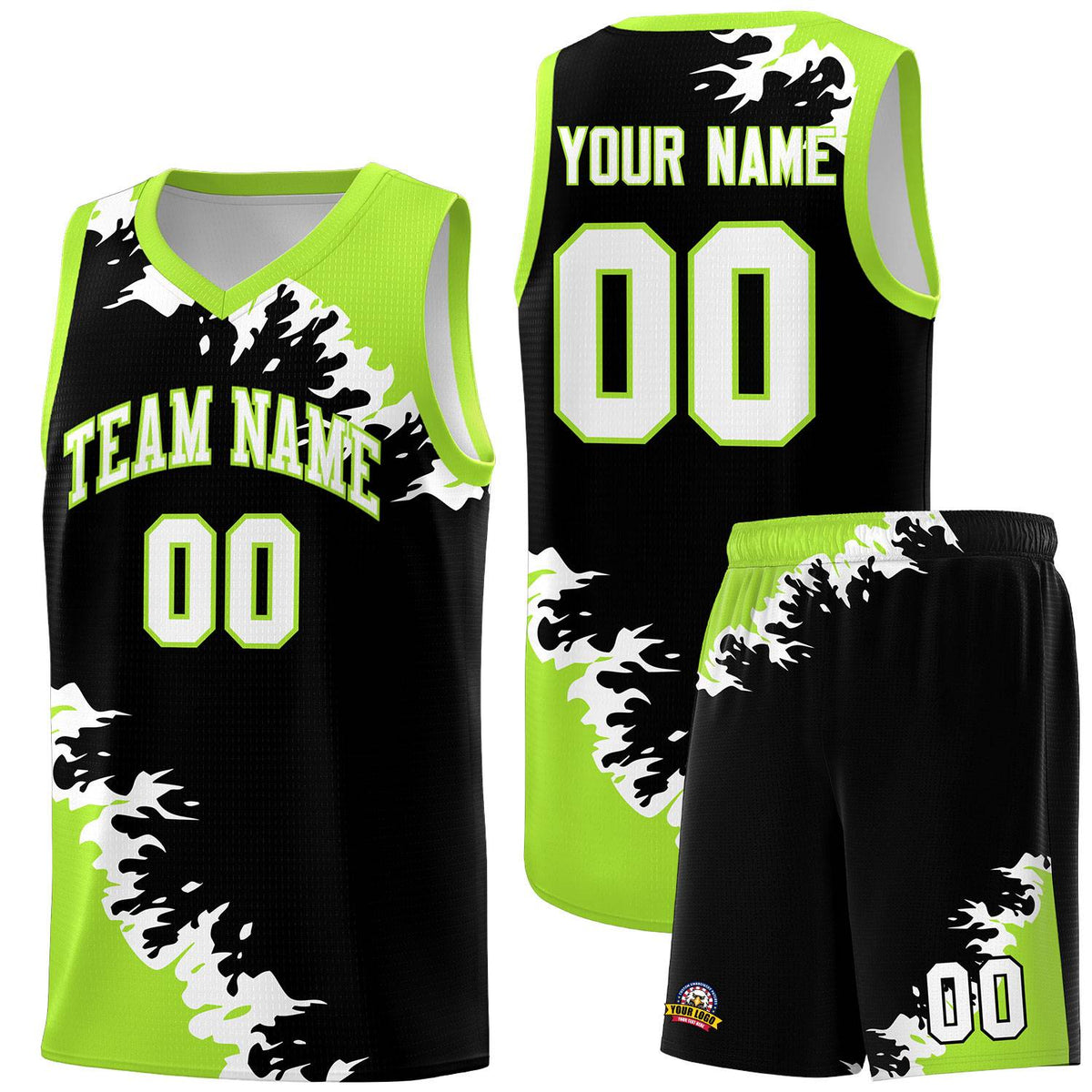 Custom Black Neon Green-White Sparkle Print Pattern Basketball Kits