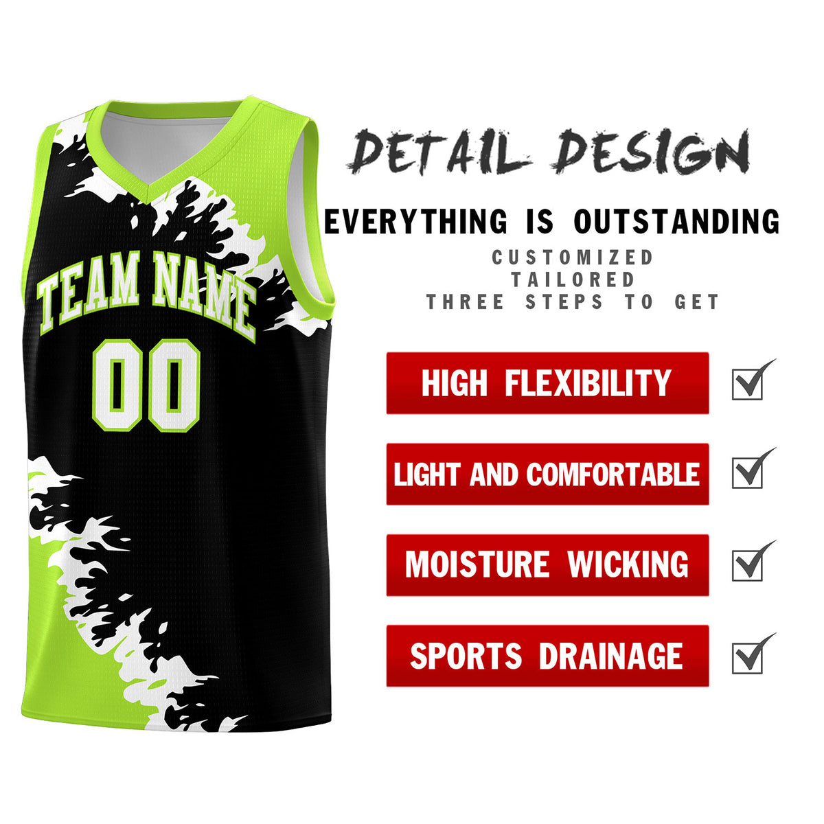 Custom Black Neon Green-White Sparkle Print Pattern Basketball Kits
