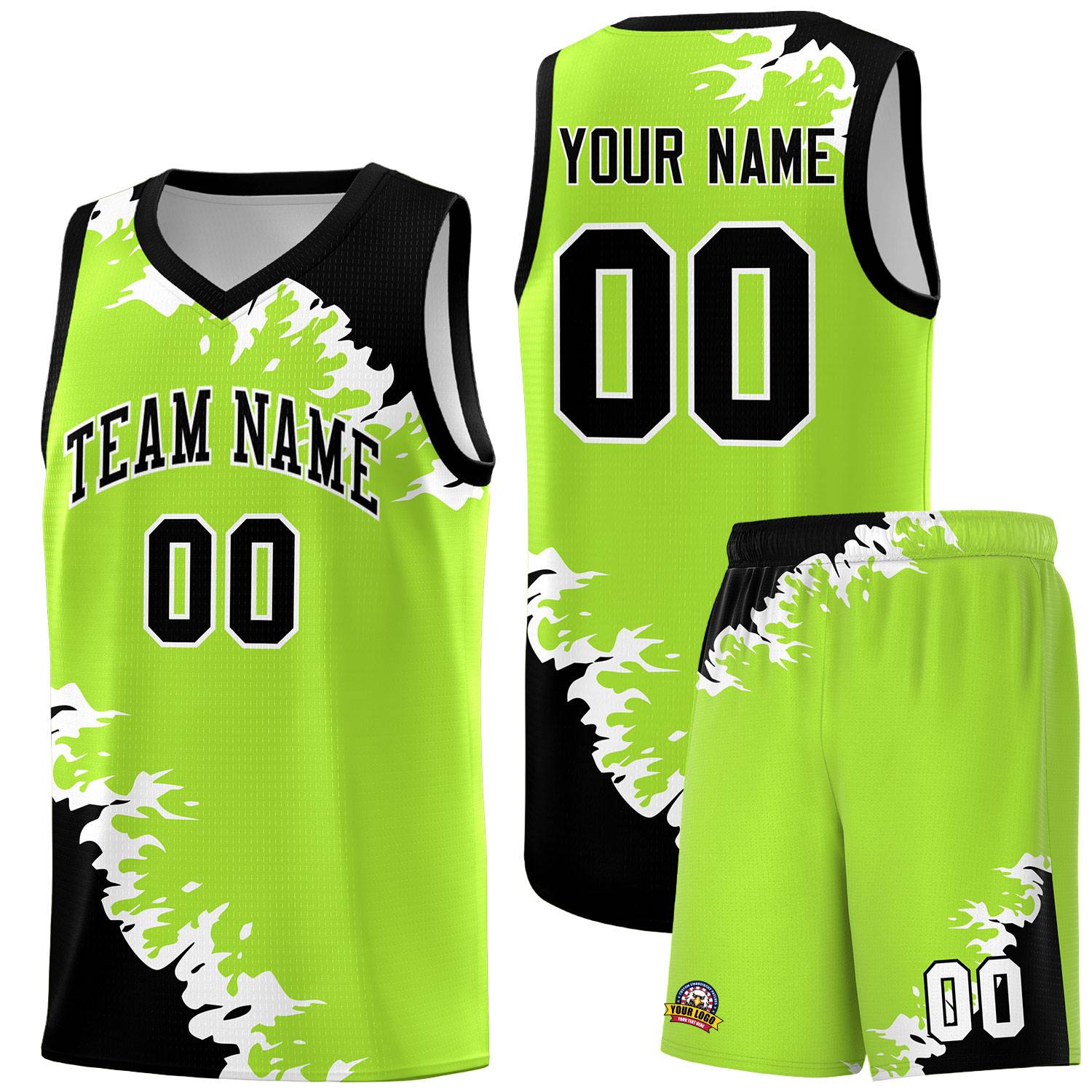 Custom Neon Green Black-White Sparkle Print Pattern Basketball Kits