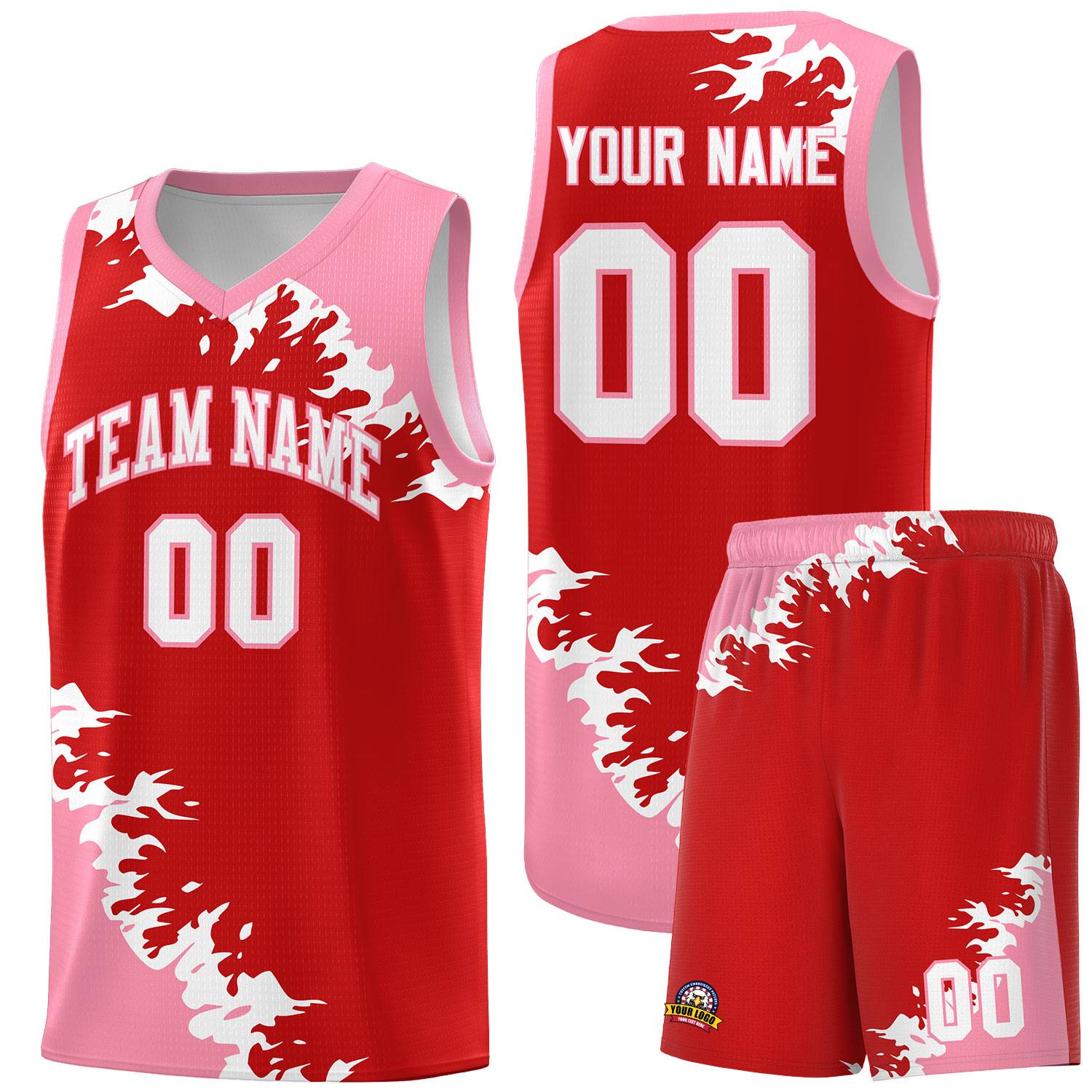 Custom Red Light Pink-White Sparkle Print Pattern Basketball Kits