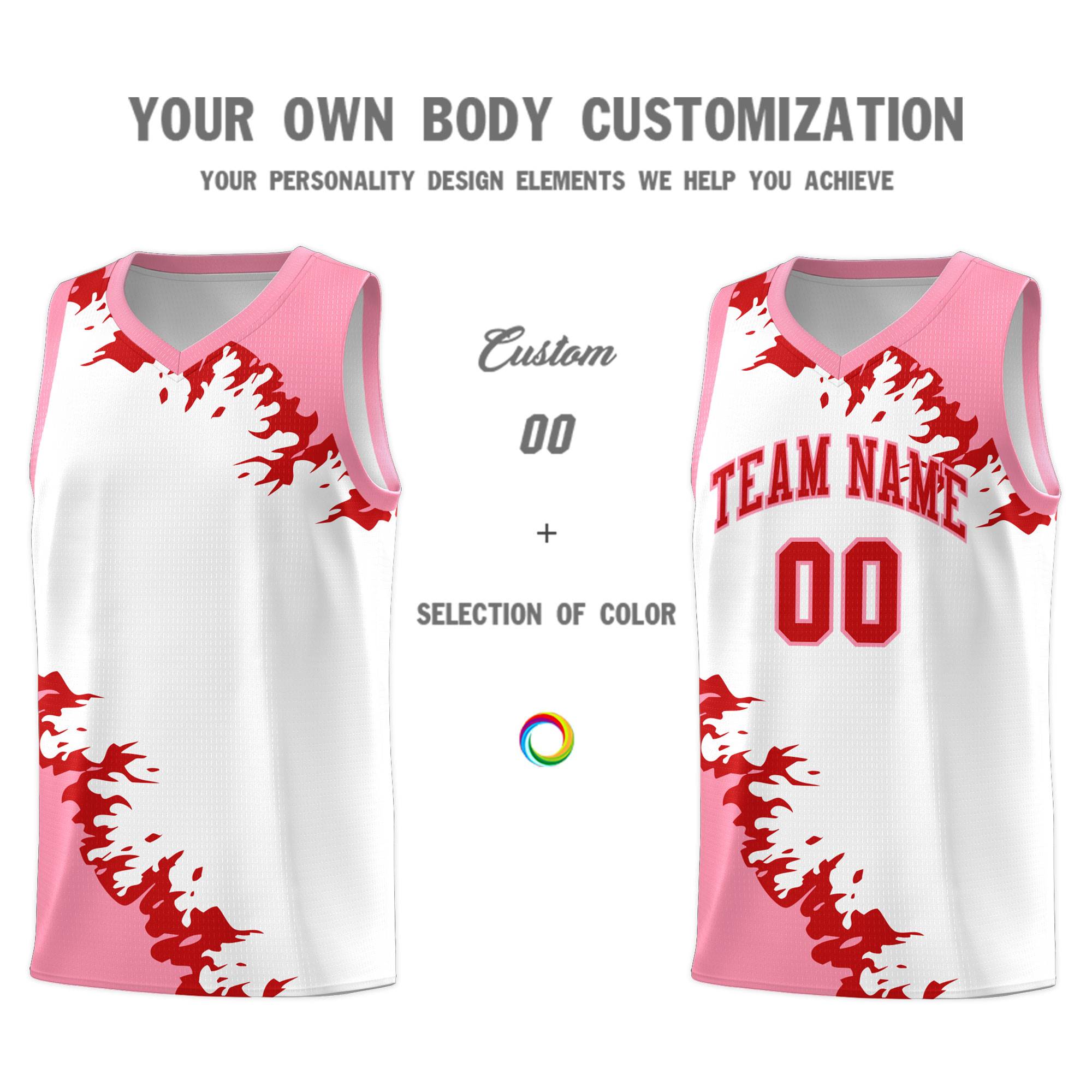 Custom White Light Pink-Red Sparkle Print Pattern Basketball Kits