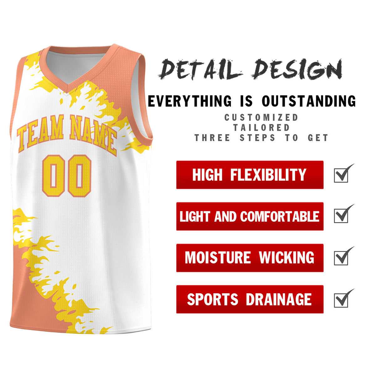 Custom White Light Orange-Gold Sparkle Print Pattern Basketball Kits