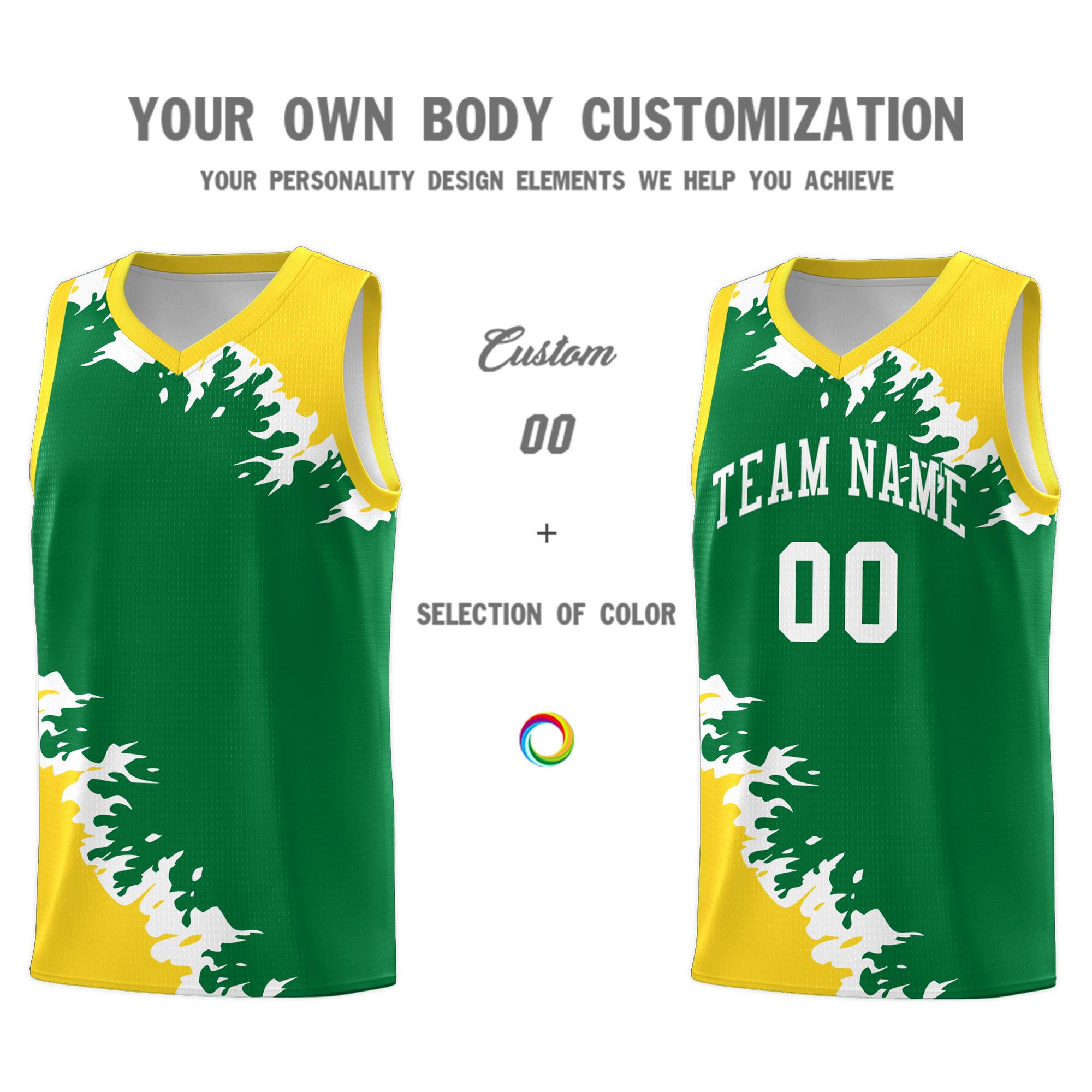 Custom Kelly Green Gold-White Sparkle Print Pattern Basketball Kits