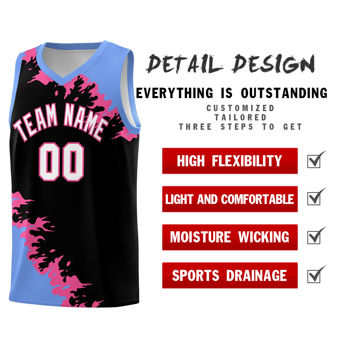 Custom Black Light Blue-Pink Sparkle Print Pattern Basketball Kits