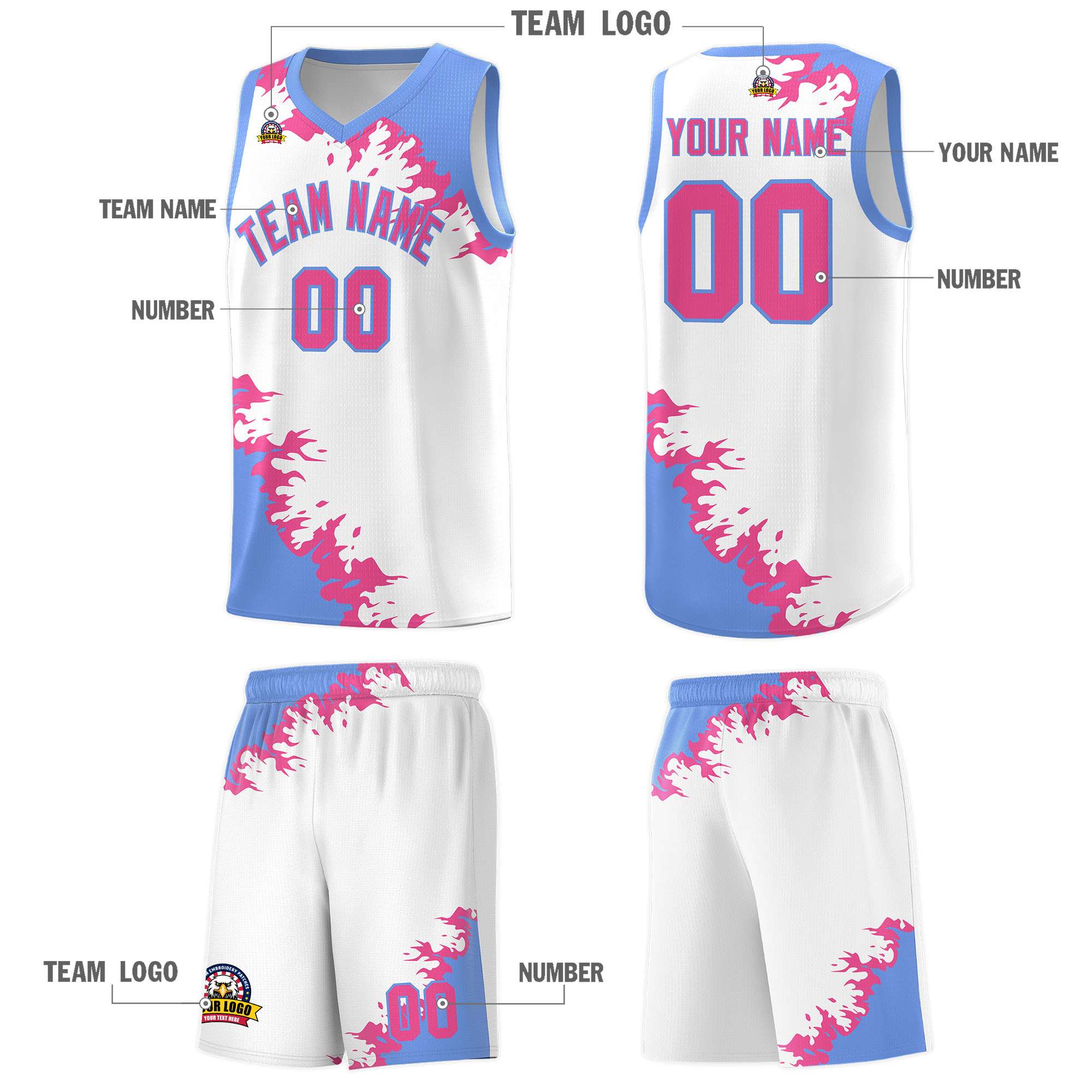 Custom White Light Blue-Pink Sparkle Print Pattern Basketball Kits